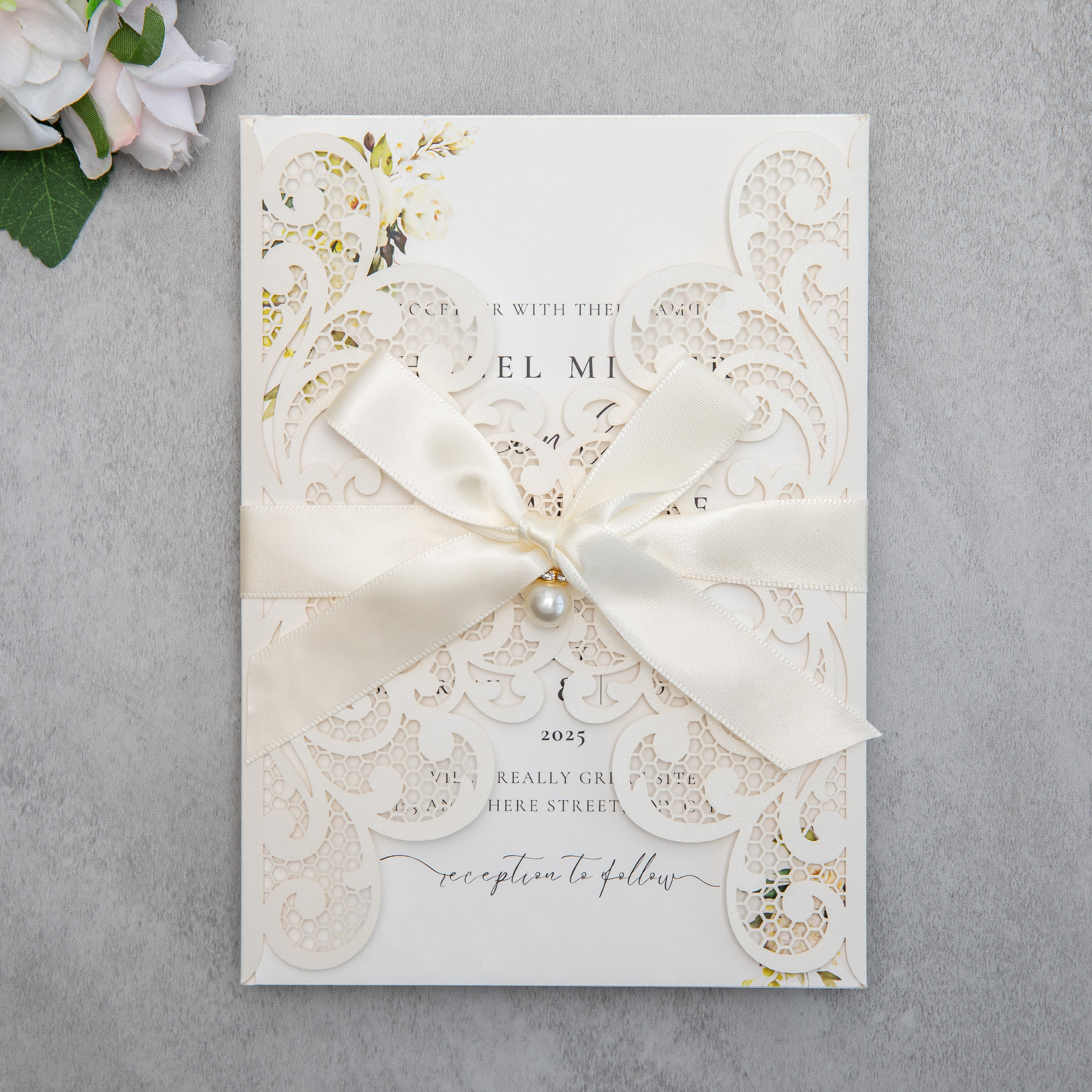 PONATIA 20 PCS Ivory Laser Cut Invitation Cards with Ribbons and Rhinestone Pearls