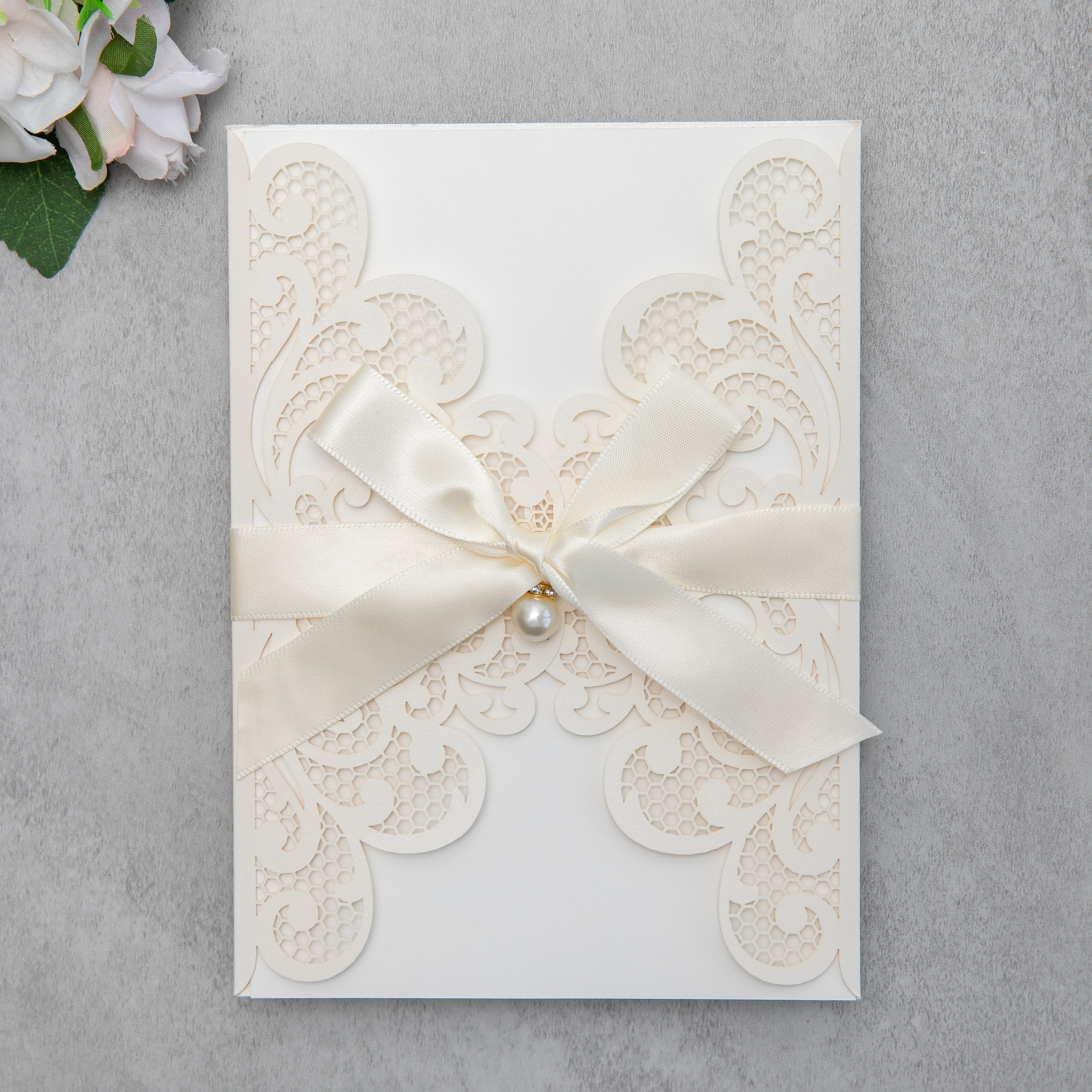 PONATIA 20 PCS Ivory Laser Cut Invitation Cards with Ribbons and Rhinestone Pearls