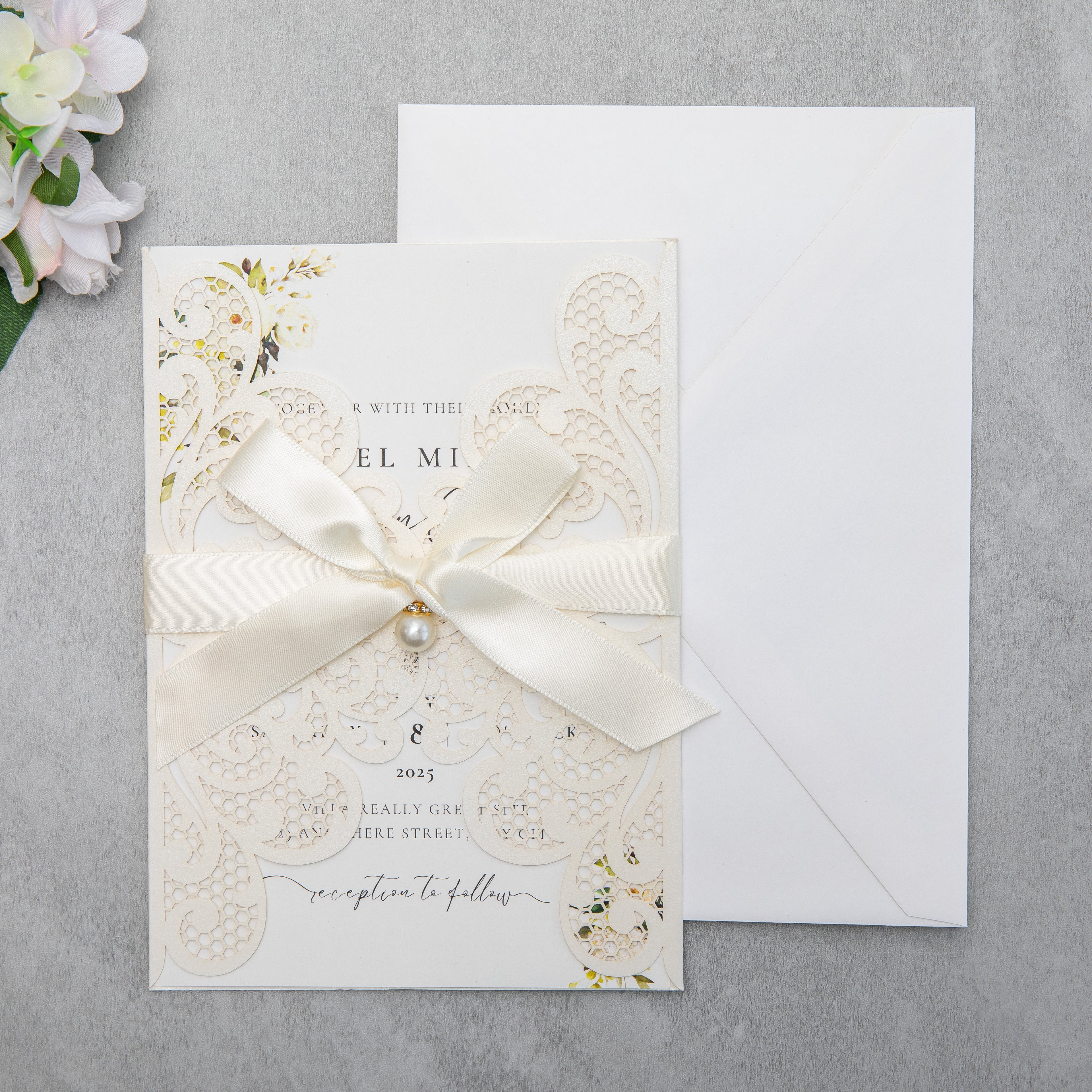 PONATIA 20 PCS Ivory Laser Cut Invitation Cards with Ribbons and Rhinestone Pearls