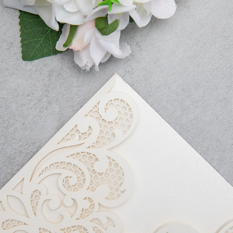PONATIA 20 PCS Ivory Laser Cut Invitation Cards with Ribbons and Rhinestone Pearls