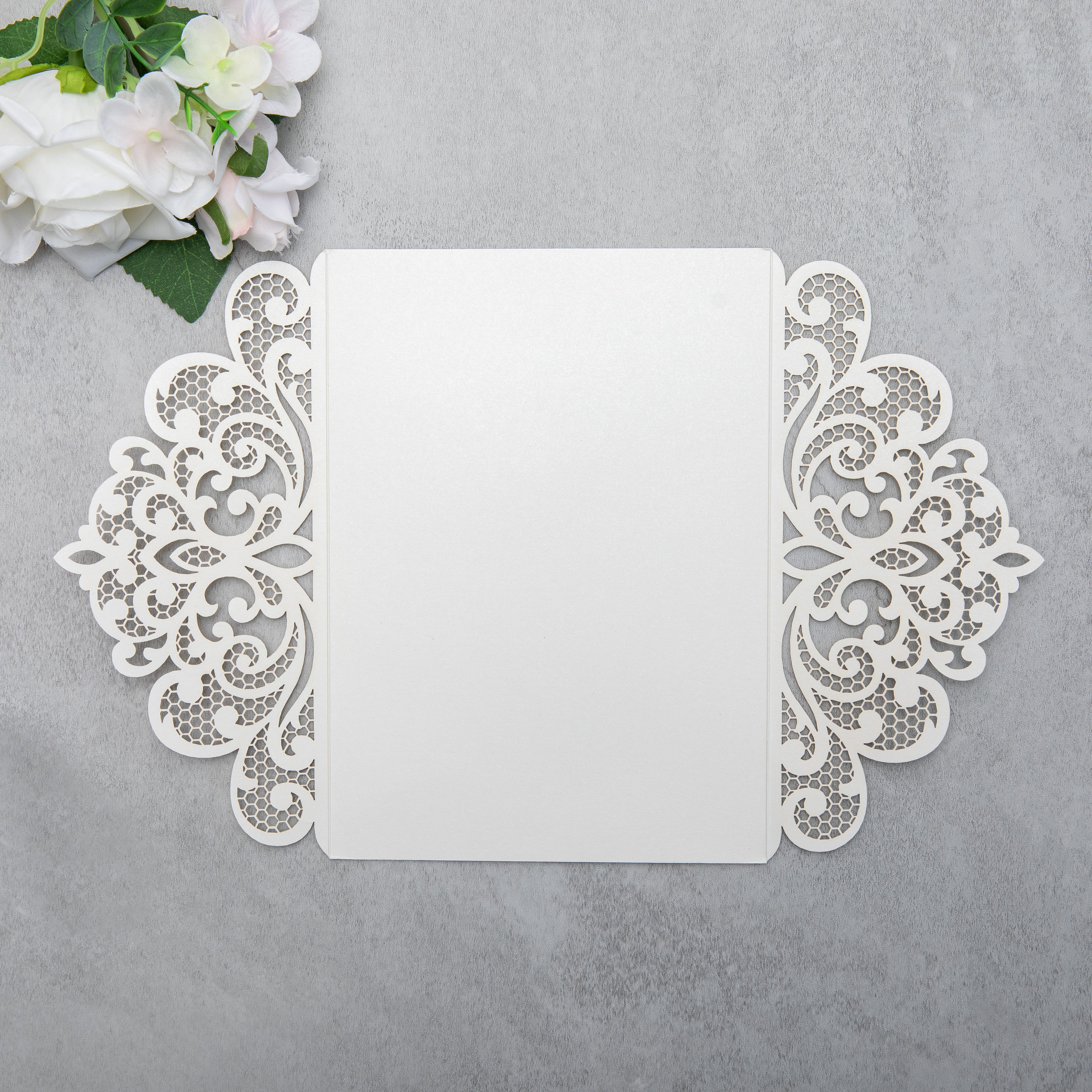 PONATIA 20 PCS Ivory Laser Cut Invitation Cards with Ribbons and Rhinestone Pearls