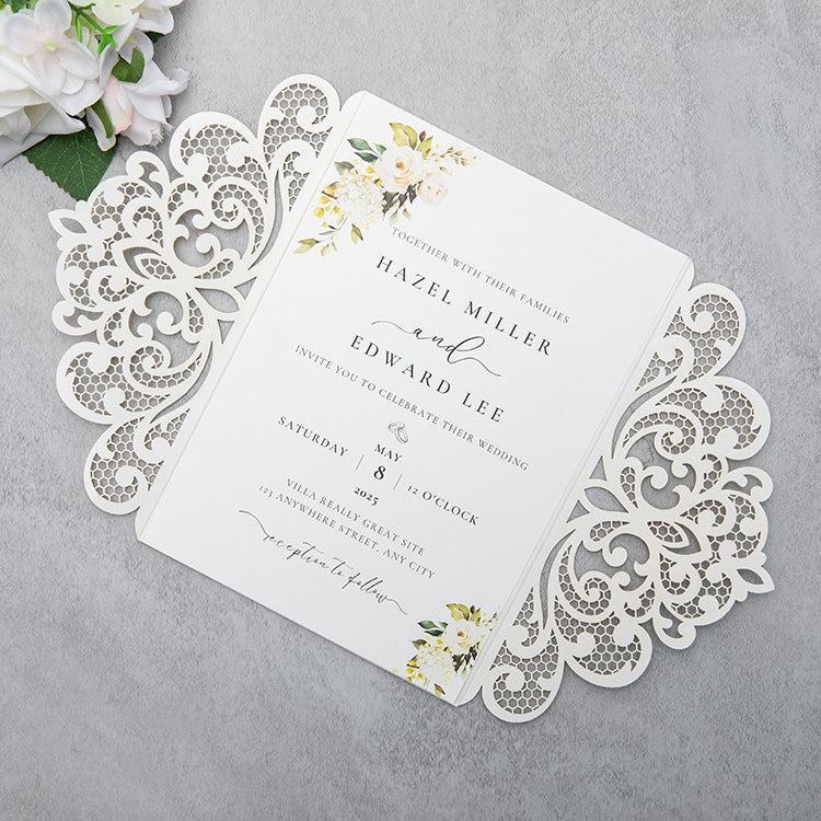PONATIA 20 PCS Ivory Laser Cut Invitation Cards with Ribbons and Rhinestone Pearls
