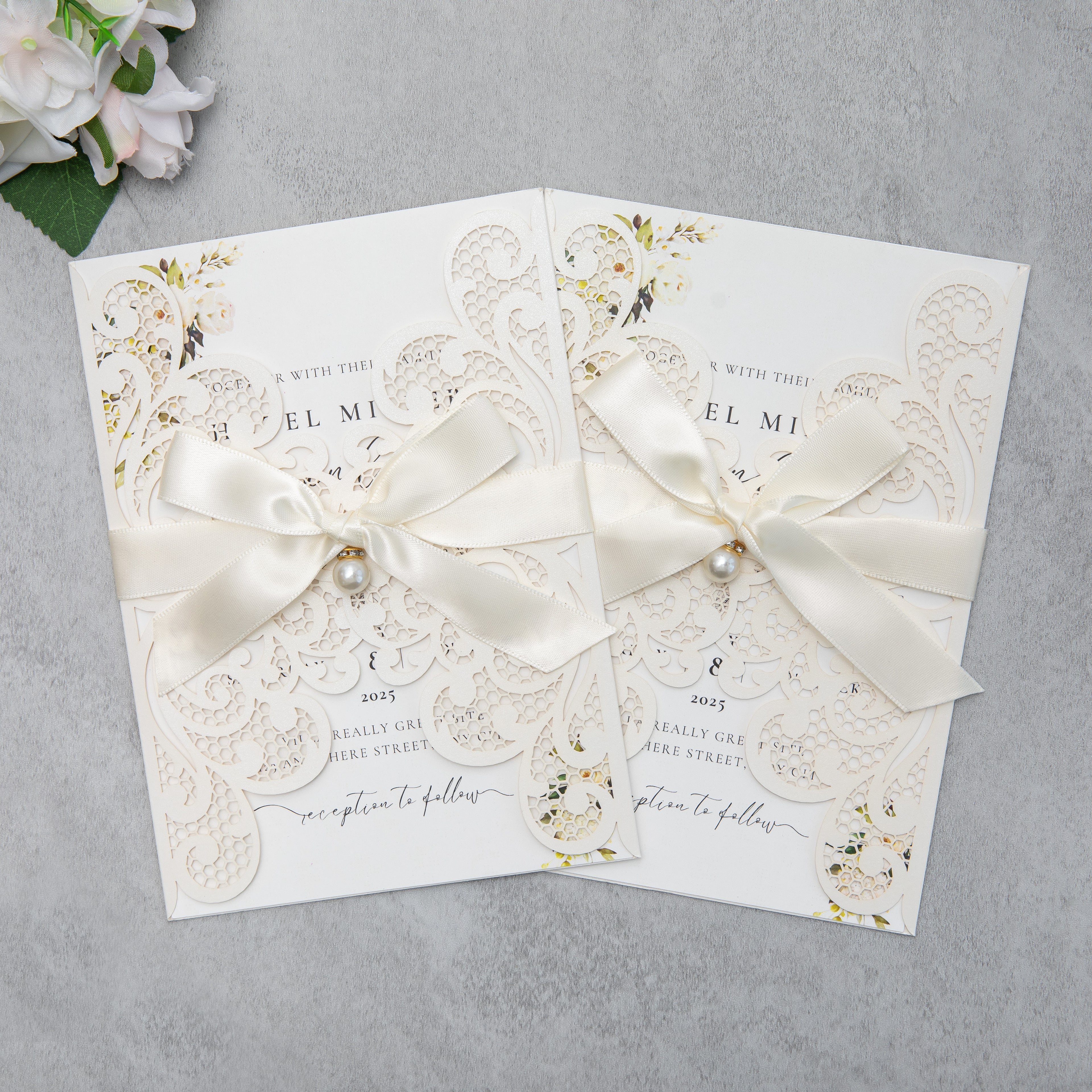 PONATIA 20 PCS Ivory Laser Cut Invitation Cards with Ribbons and Rhinestone Pearls