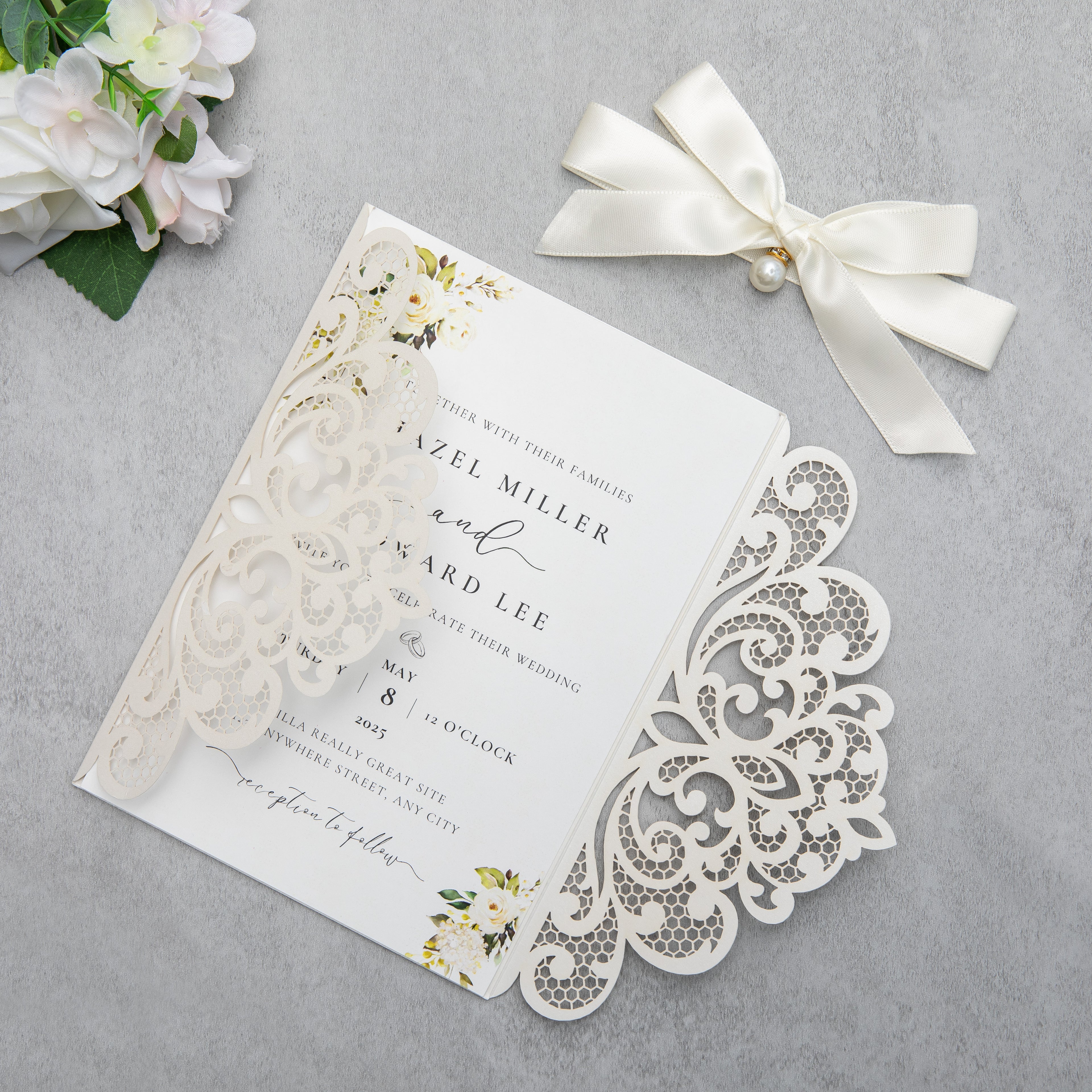 PONATIA 20 PCS Ivory Laser Cut Invitation Cards with Ribbons and Rhinestone Pearls
