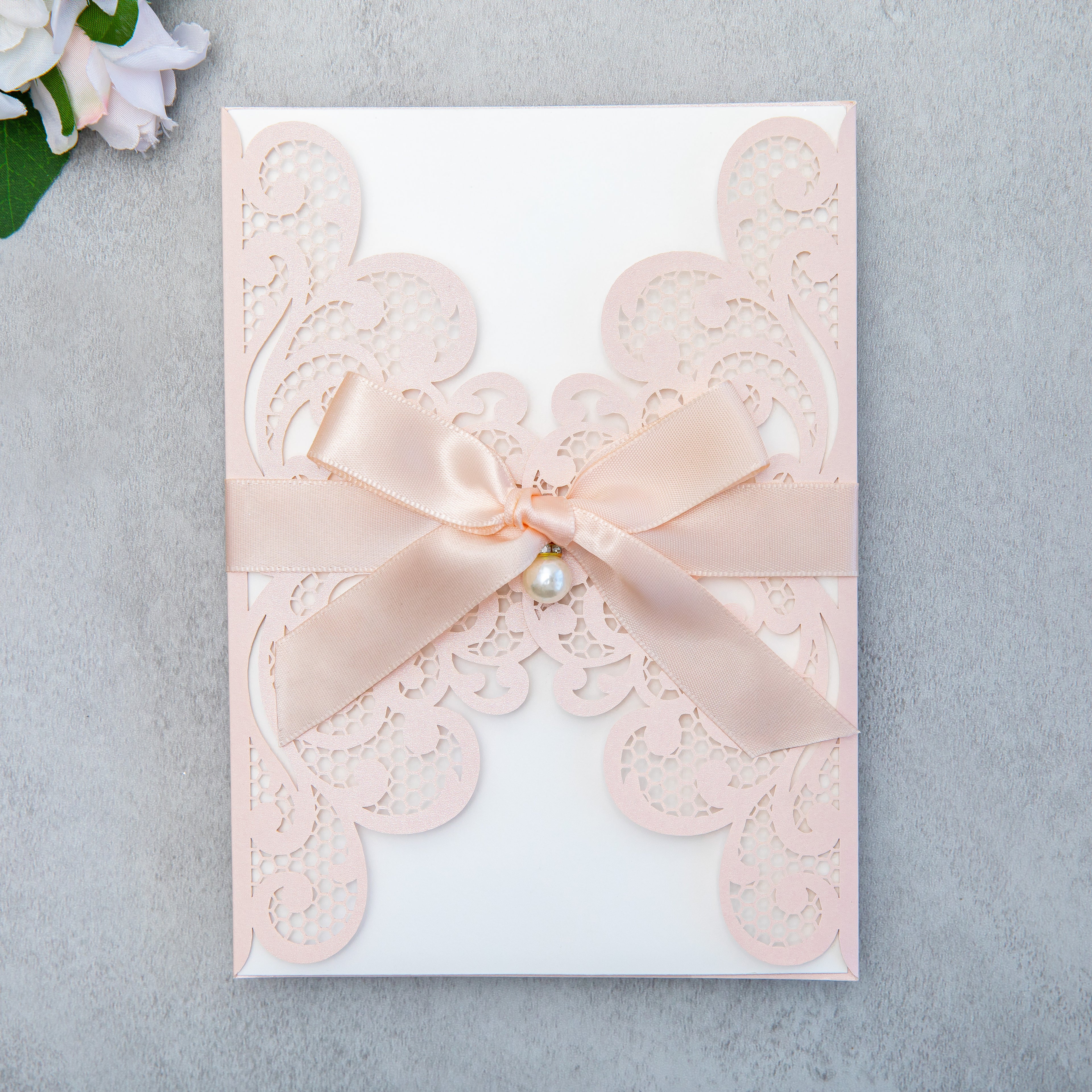 PONATIA 20 PCS Blush Pink Laser Cut Invitation Cards with Ribbons and Rhinestone Pearls