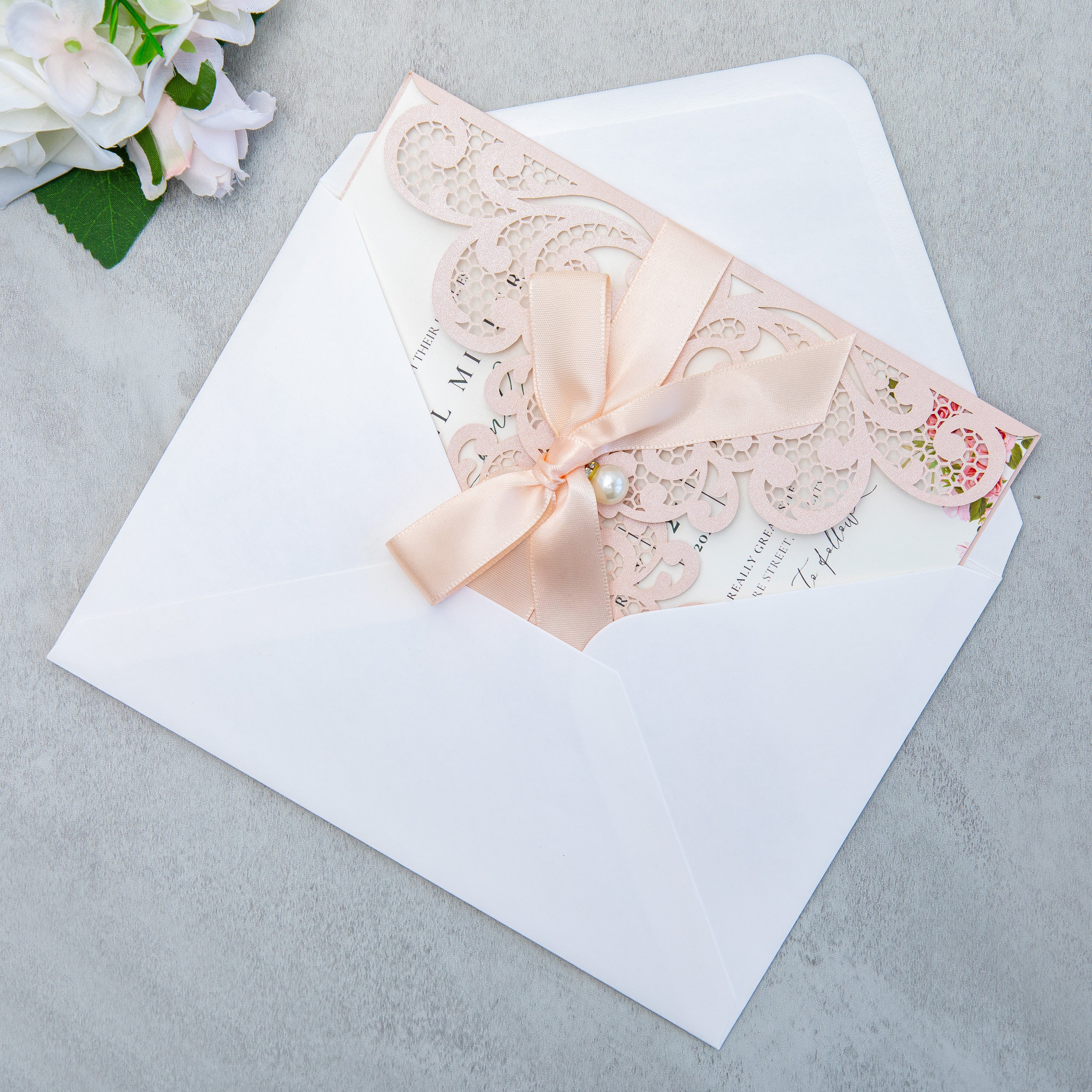 PONATIA 20 PCS Blush Pink Laser Cut Invitation Cards with Ribbons and Rhinestone Pearls