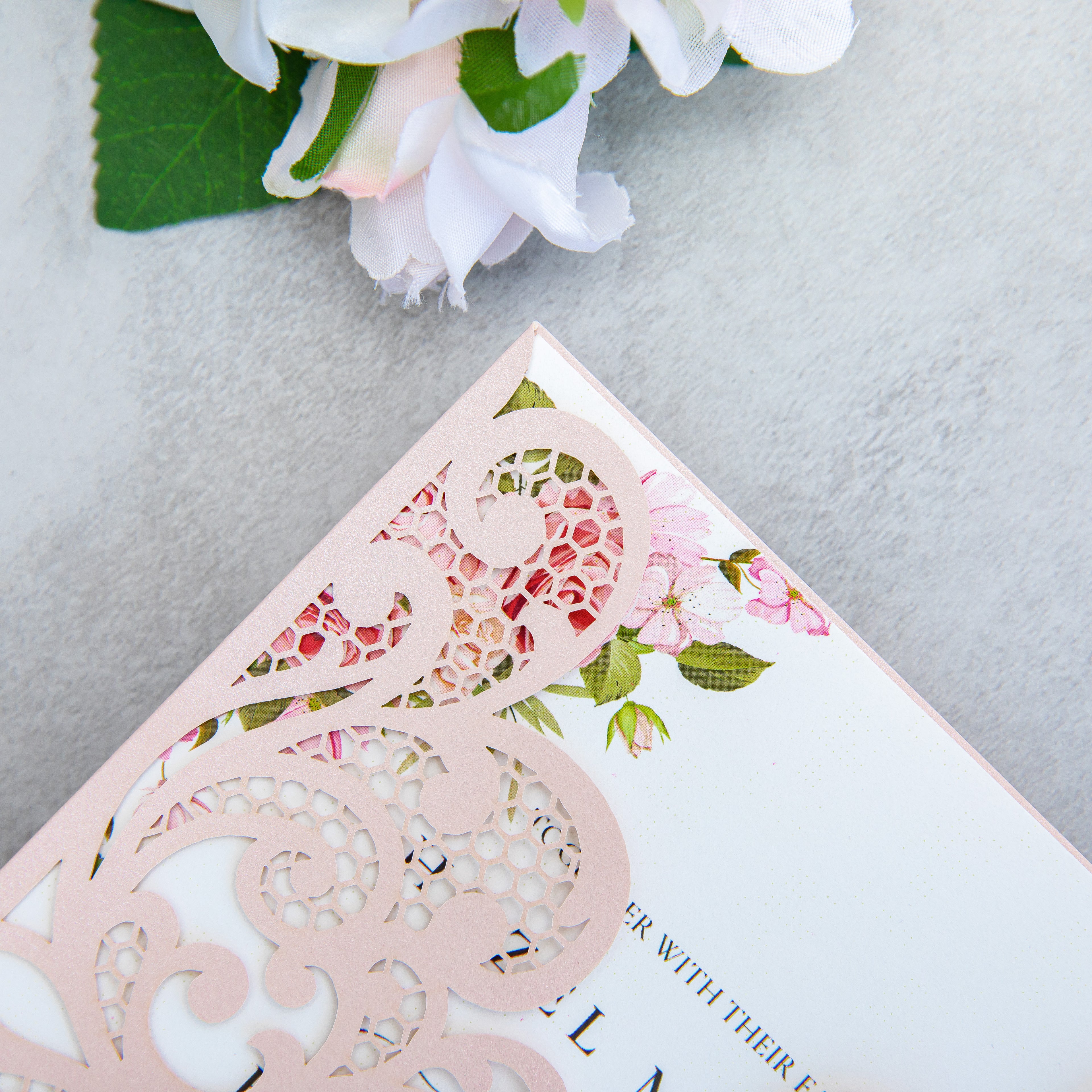 PONATIA 20 PCS Blush Pink Laser Cut Invitation Cards with Ribbons and Rhinestone Pearls