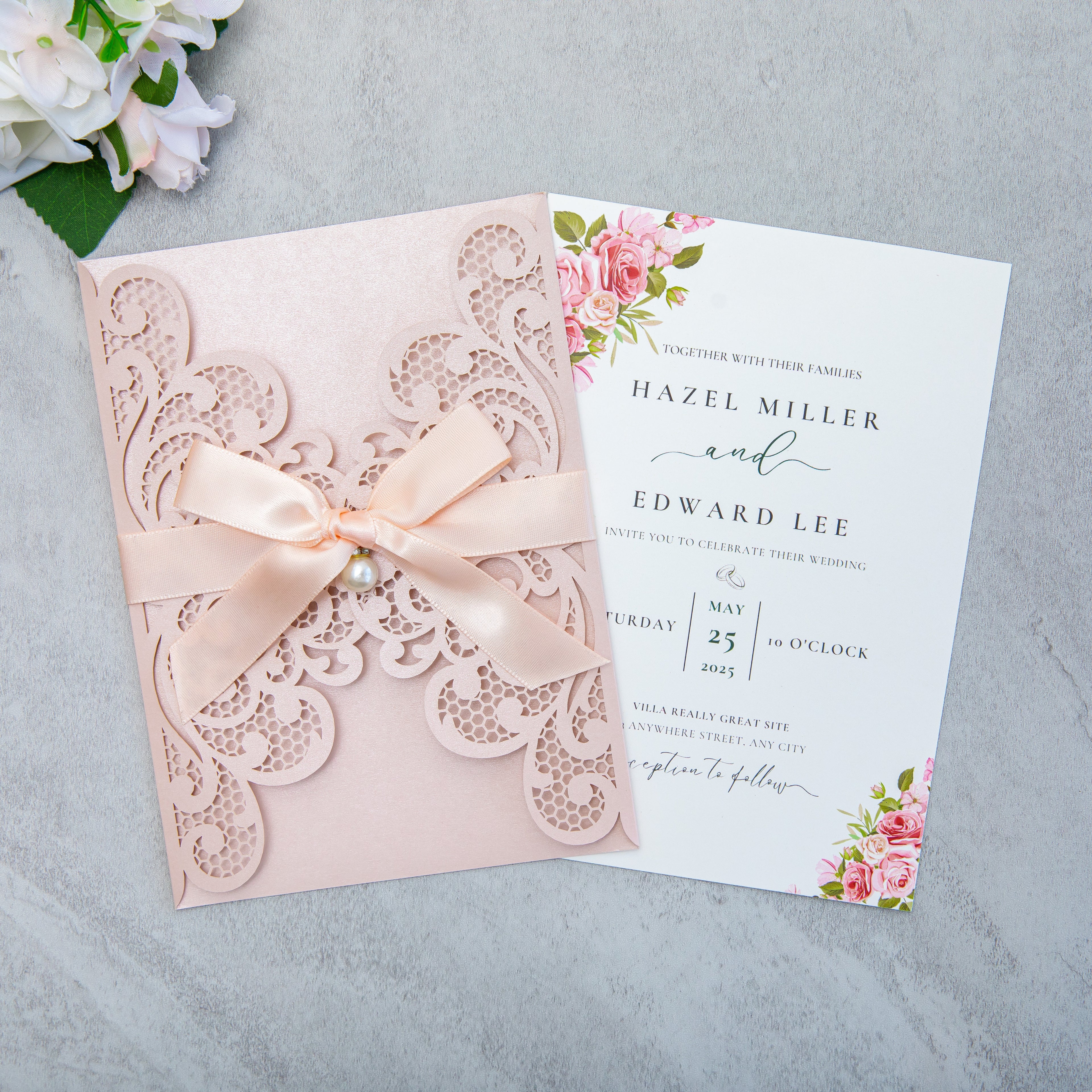 PONATIA 20 PCS Blush Pink Laser Cut Invitation Cards with Ribbons and Rhinestone Pearls