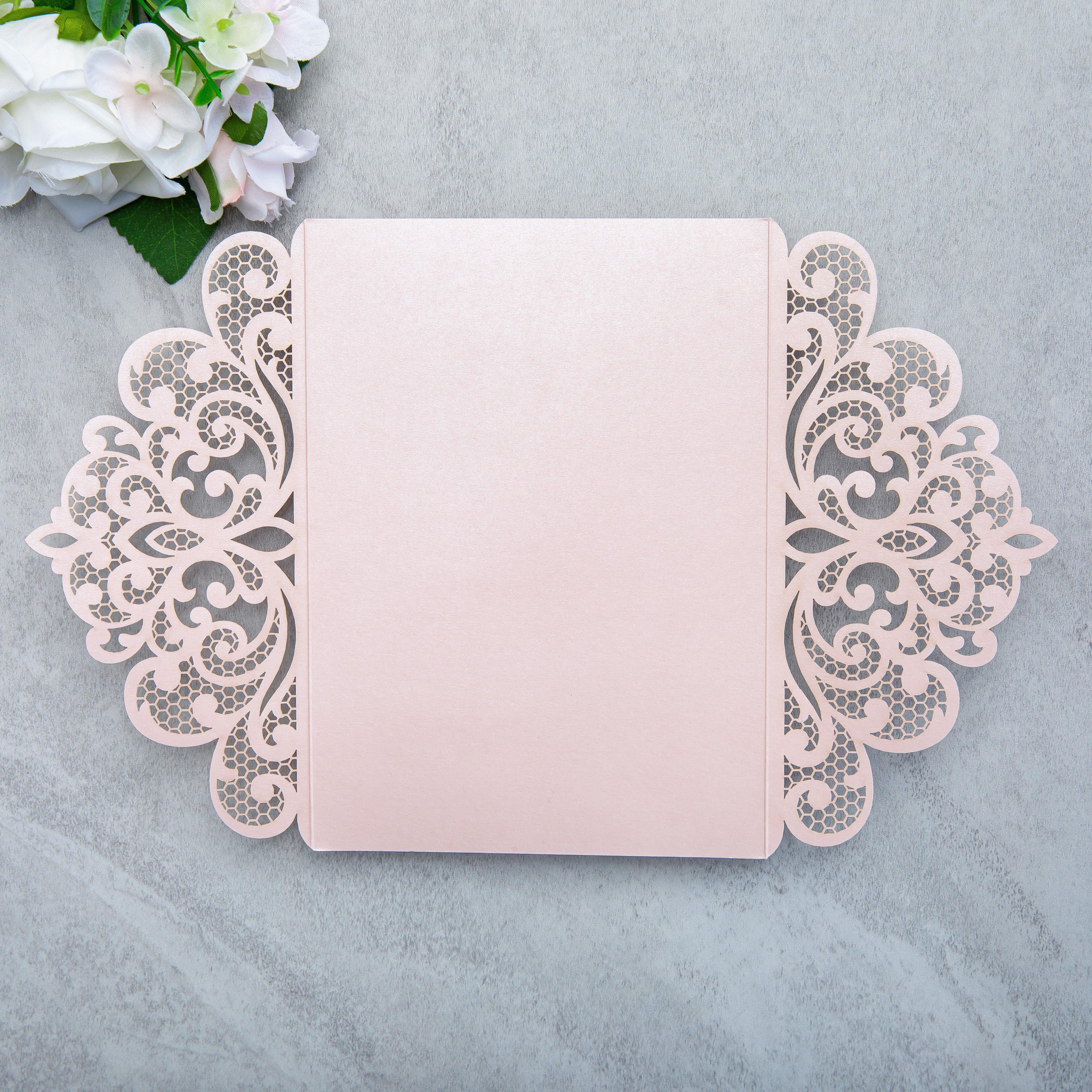 PONATIA 20 PCS Blush Pink Laser Cut Invitation Cards with Ribbons and Rhinestone Pearls