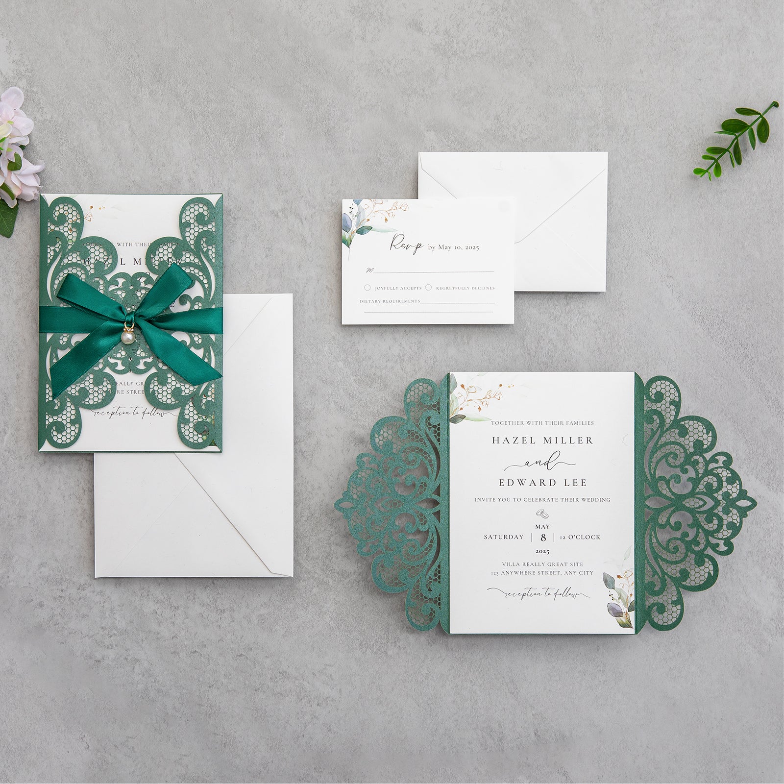 PONATIA 20 PCS Emerald Green Laser Cut Invitation Cards with Ribbons and Rhinestone Pearls