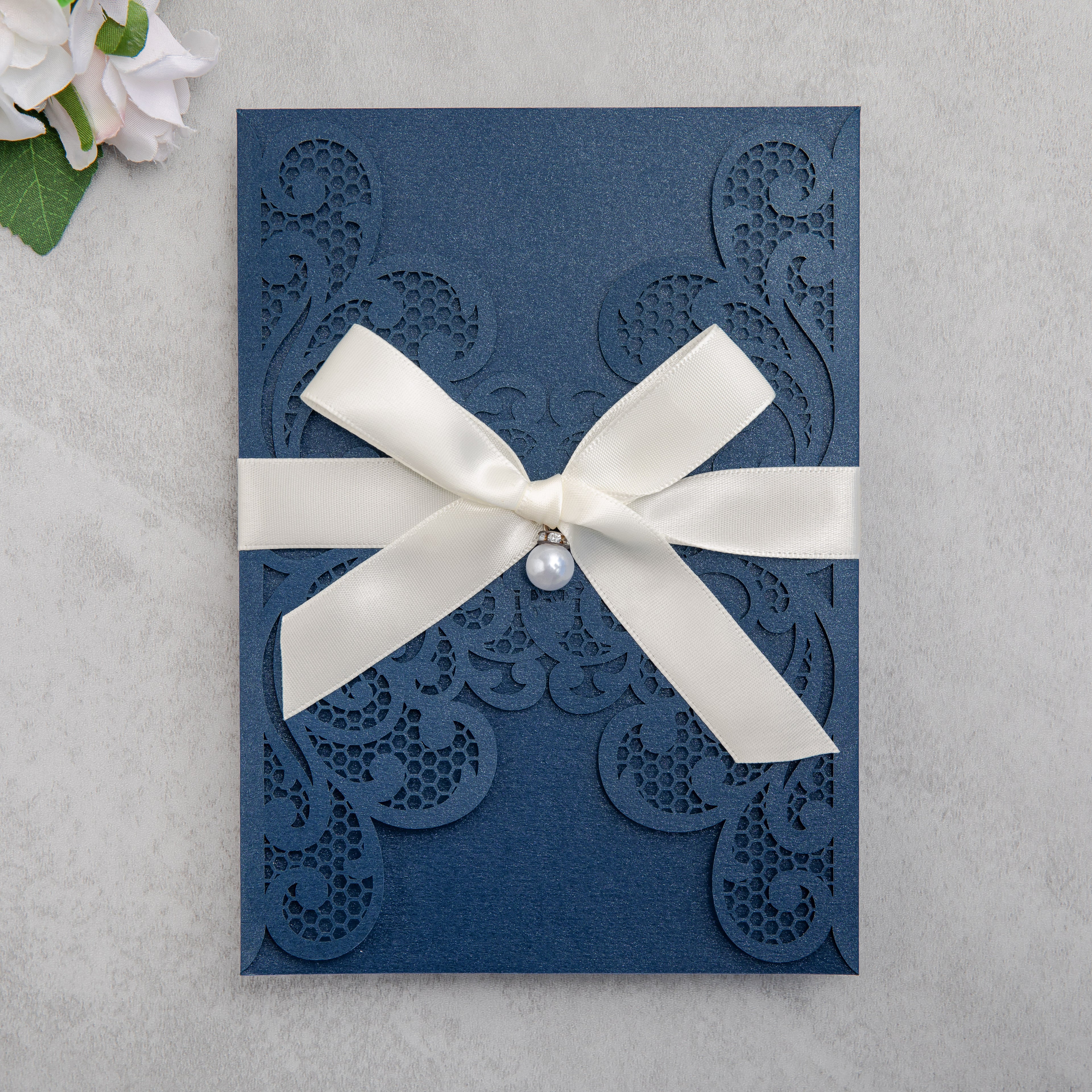 PONATIA 20 PCS Navy Blue Laser Cut Invitation Cards with Ribbons and Rhinestone Pearls