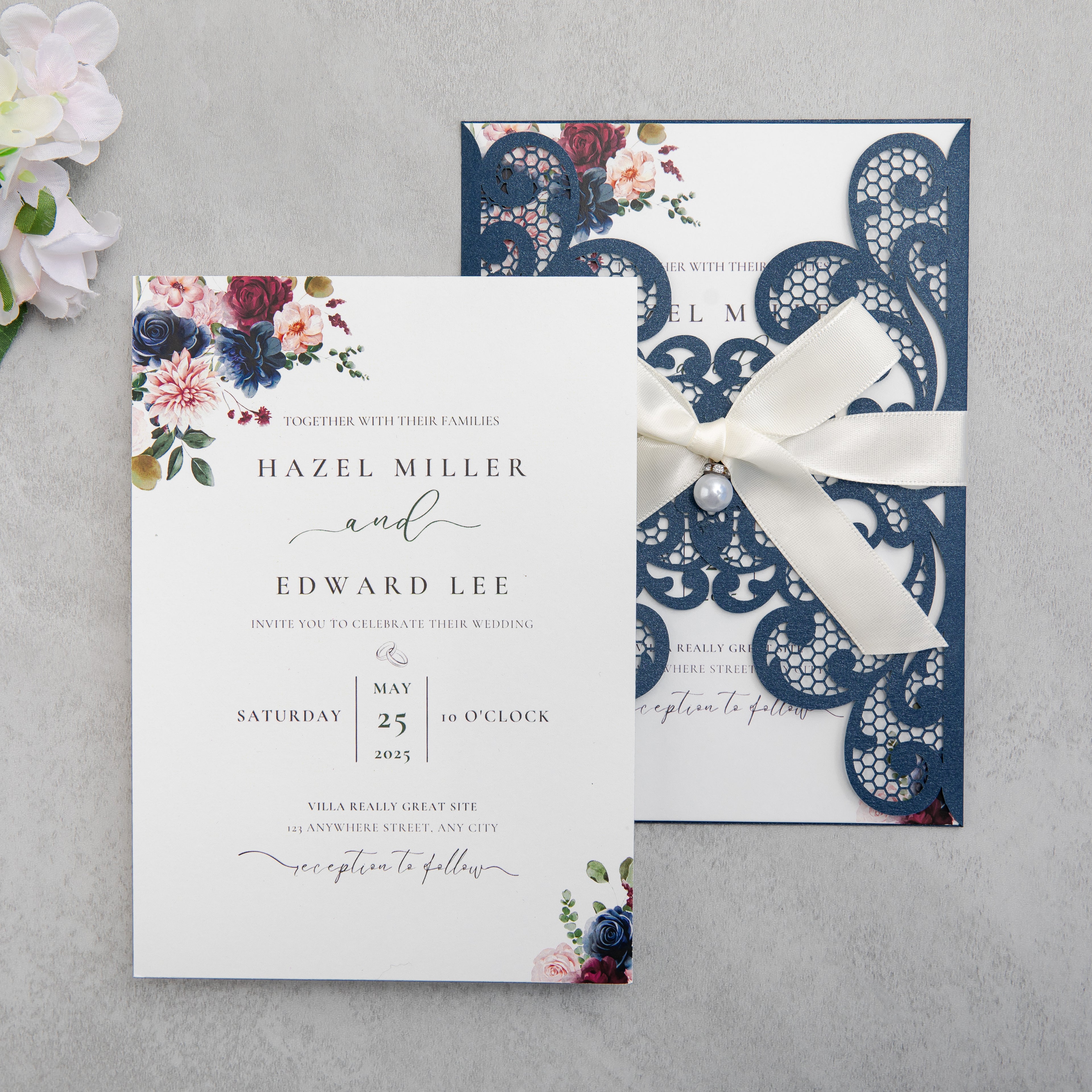 PONATIA 20 PCS Navy Blue Laser Cut Invitation Cards with Ribbons and Rhinestone Pearls