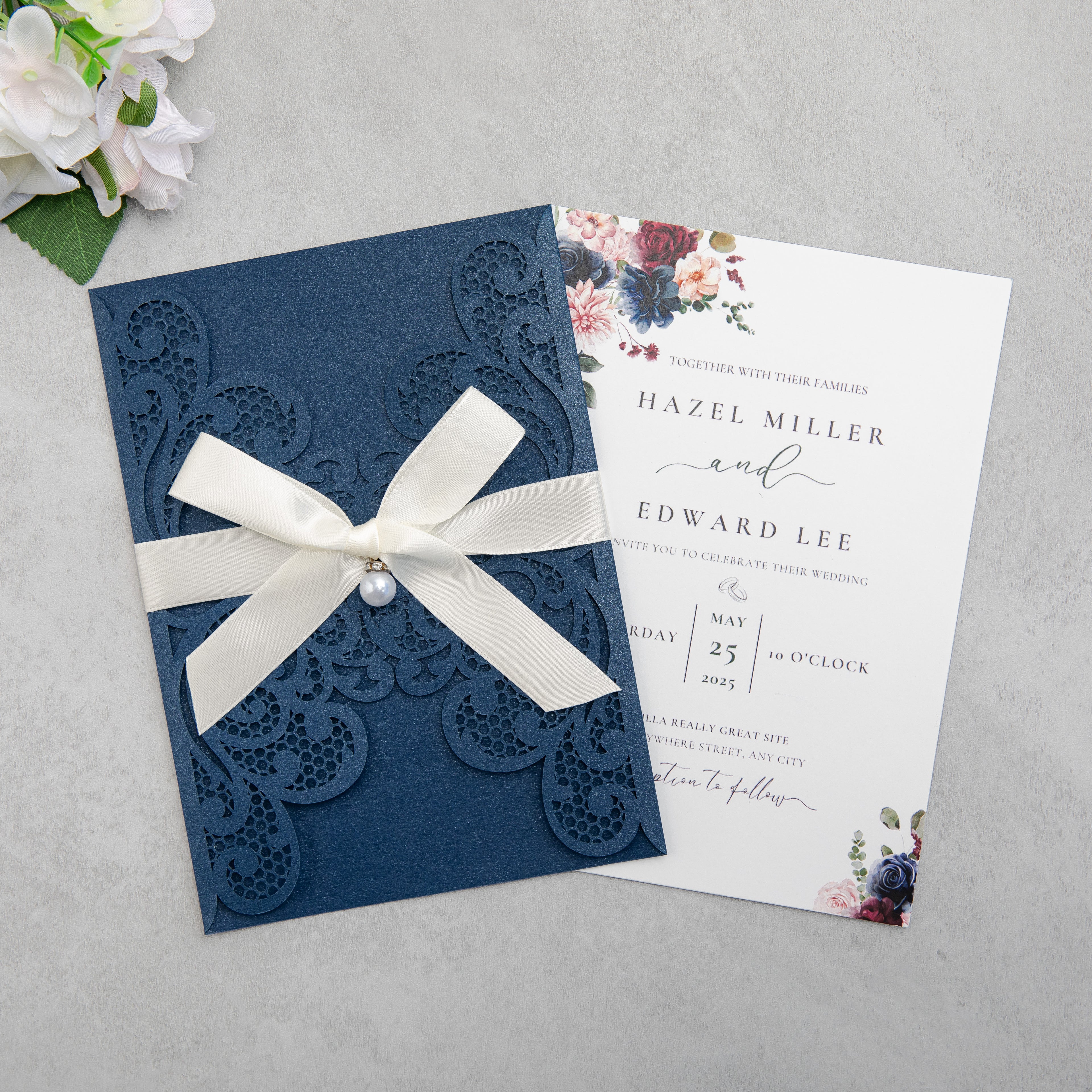 PONATIA 20 PCS Navy Blue Laser Cut Invitation Cards with Ribbons and Rhinestone Pearls