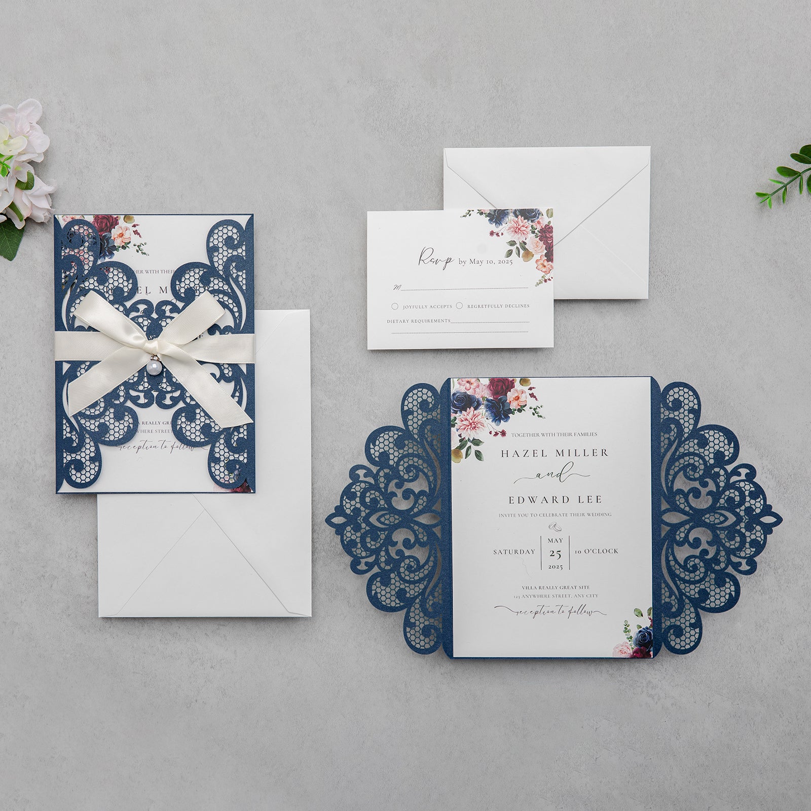 PONATIA 20 PCS Navy Blue Laser Cut Invitation Cards with Ribbons and Rhinestone Pearls