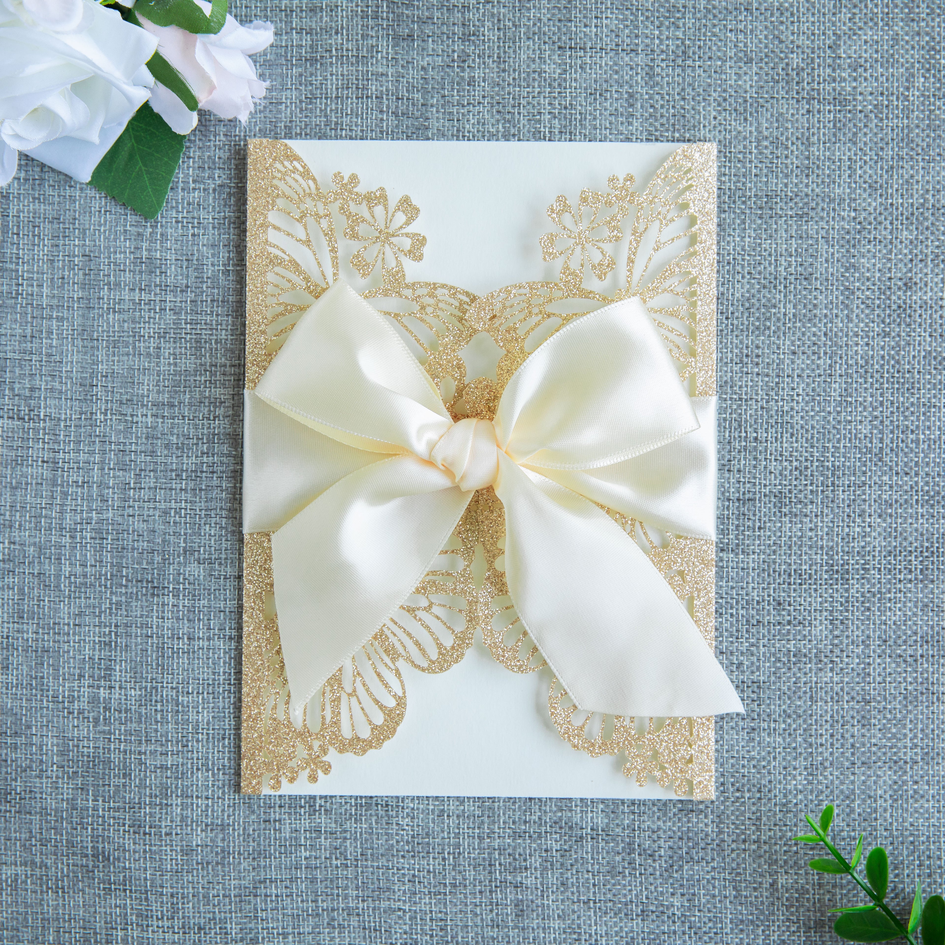 PONATIA Gold Glitter Butterfly Quinceanera Invitation, Laser Cut Wedding Invitation Cards with Envelopes