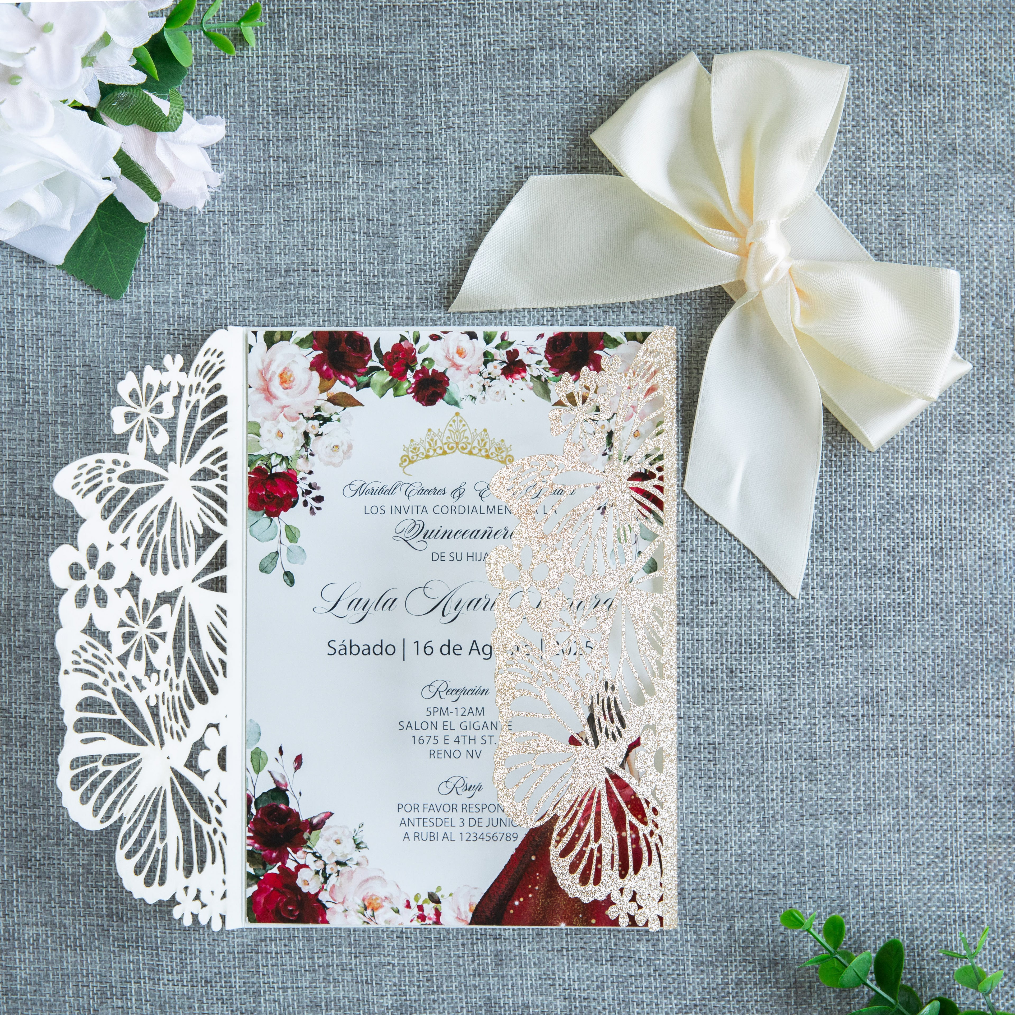 PONATIA Gold Glitter Butterfly Quinceanera Invitation, Laser Cut Wedding Invitation Cards with Envelopes