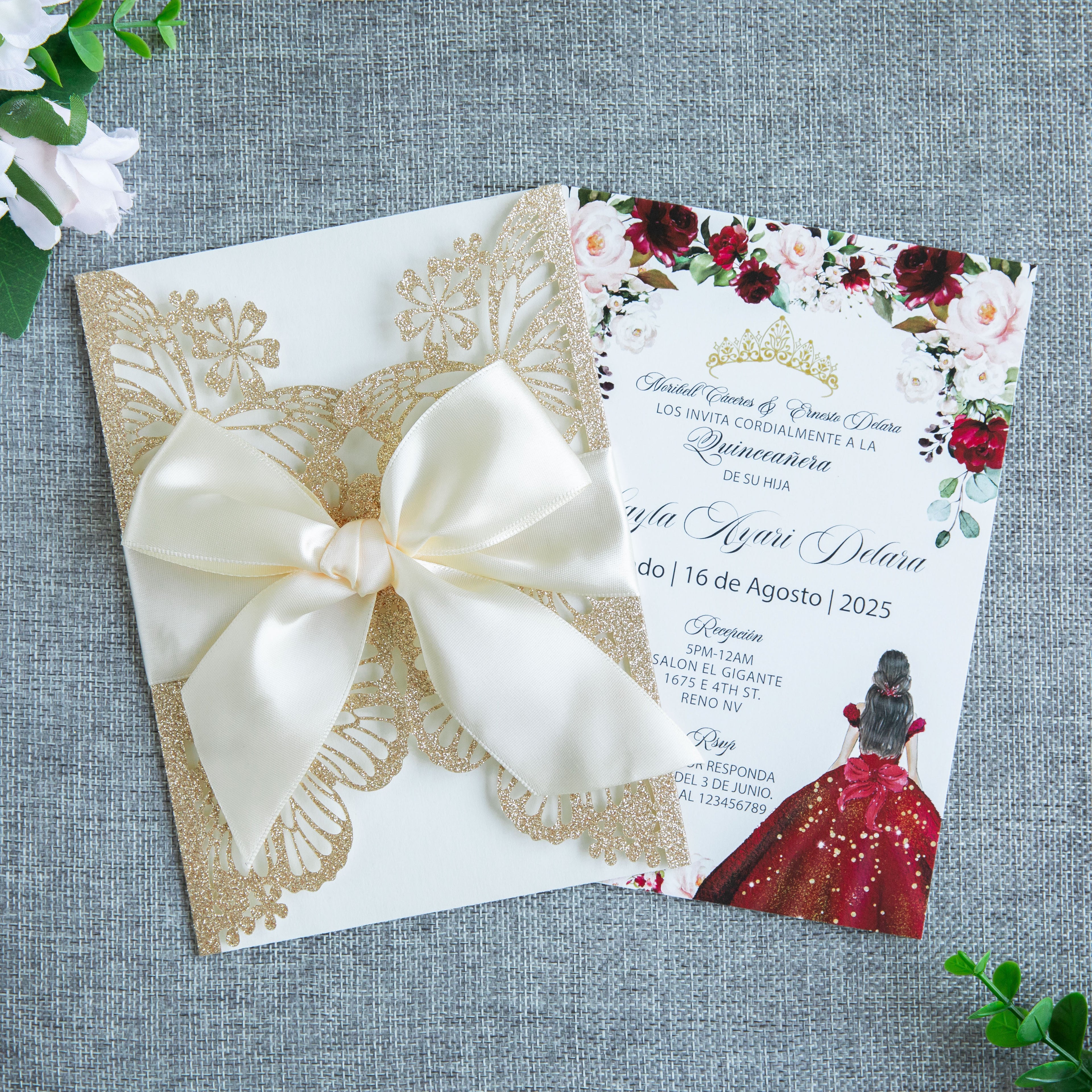 PONATIA Gold Glitter Butterfly Quinceanera Invitation, Laser Cut Wedding Invitation Cards with Envelopes