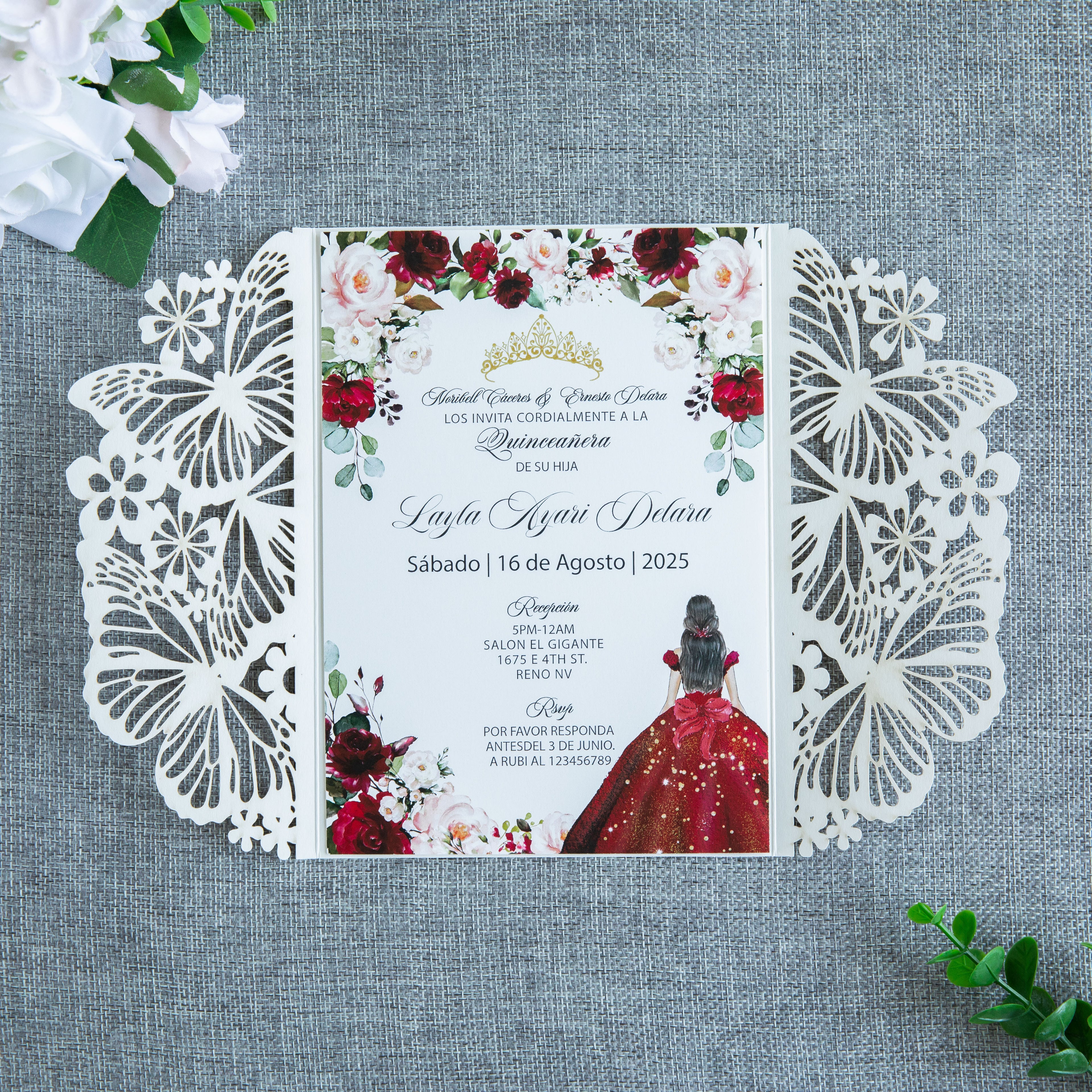 PONATIA Gold Glitter Butterfly Quinceanera Invitation, Laser Cut Wedding Invitation Cards with Envelopes