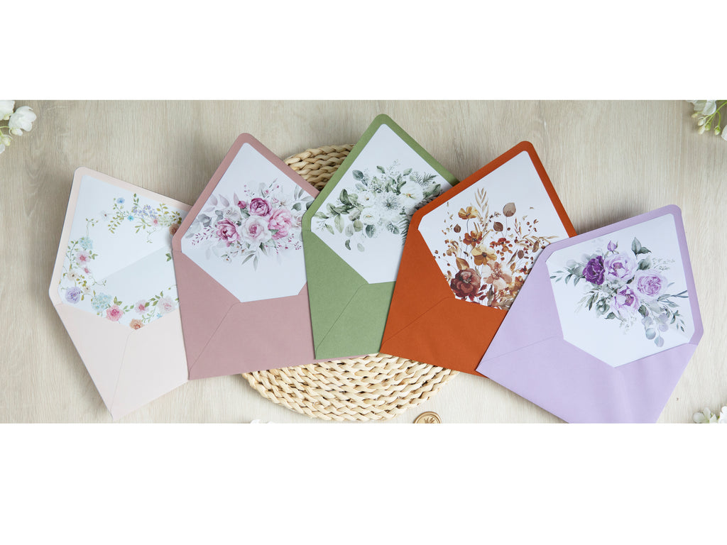 PONATIA 50 Pieces Shiny Lilac Floral Liner Euro Flap Envelopes for  Wedding Invitation Card