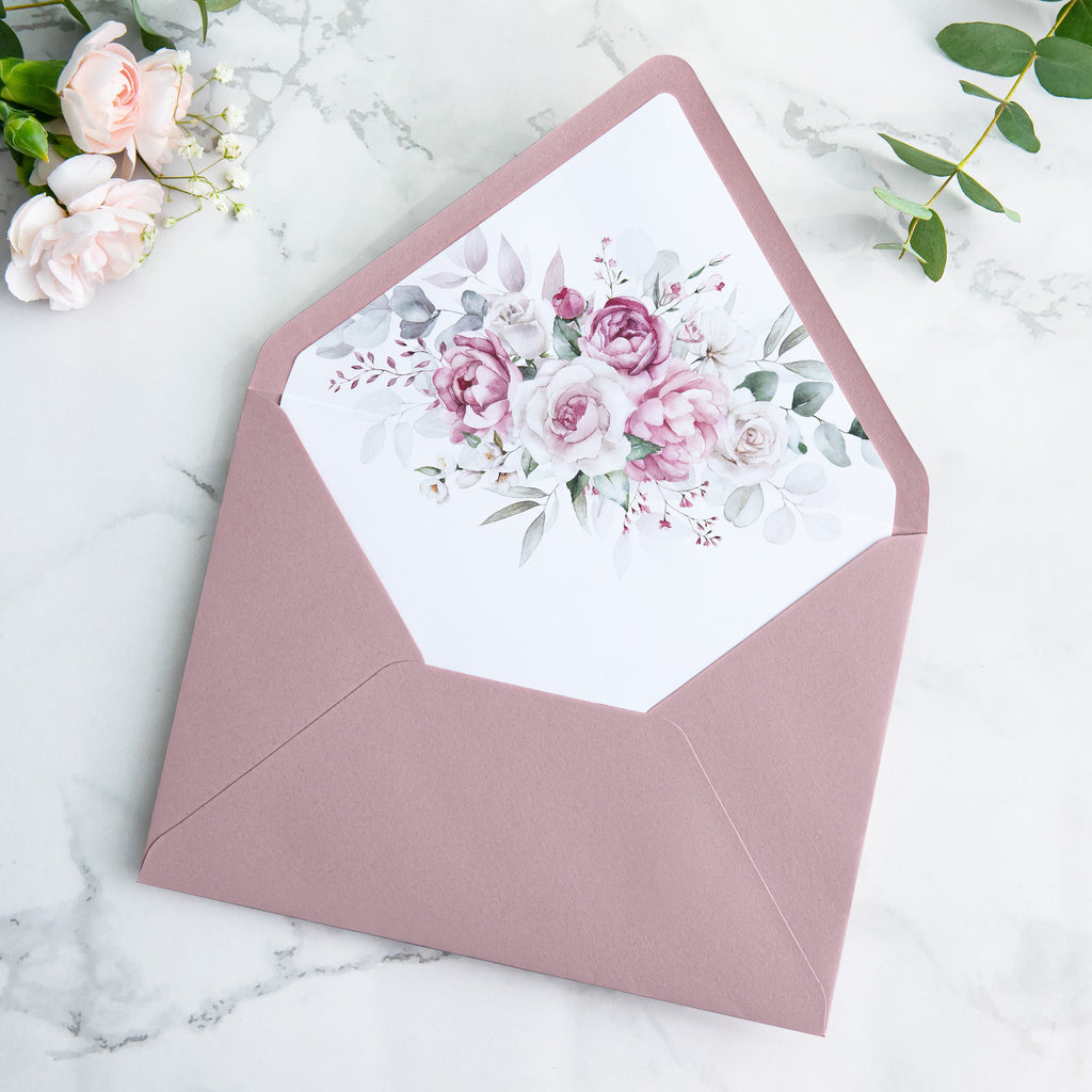 PONATIA 50 Pieces Dusty Rose Floral Liner Euro Flap Envelopes for  Wedding Invitation Card