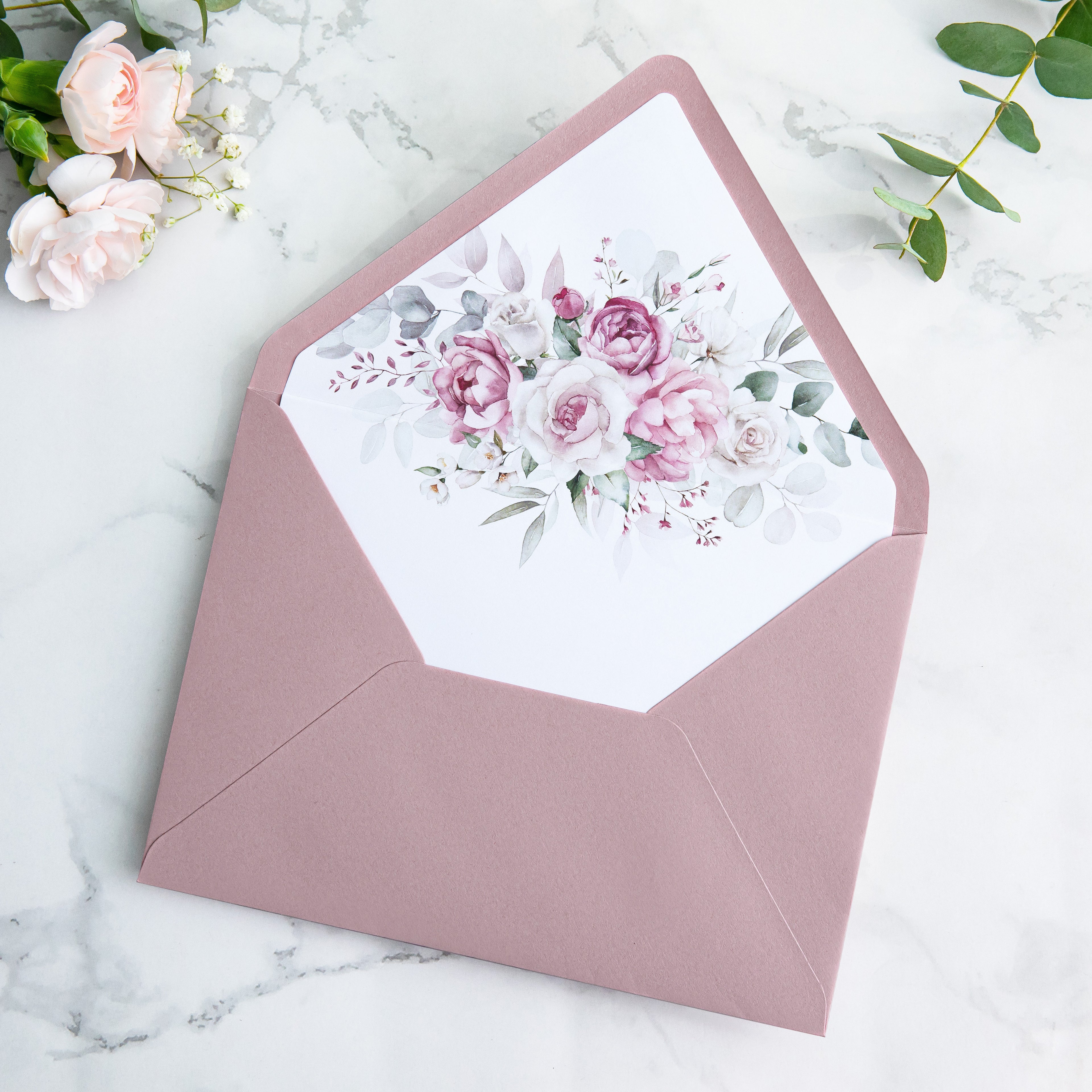 PONATIA 50 Pieces Dusty Rose Floral Liner Euro Flap Envelopes for  Wedding Invitation Card