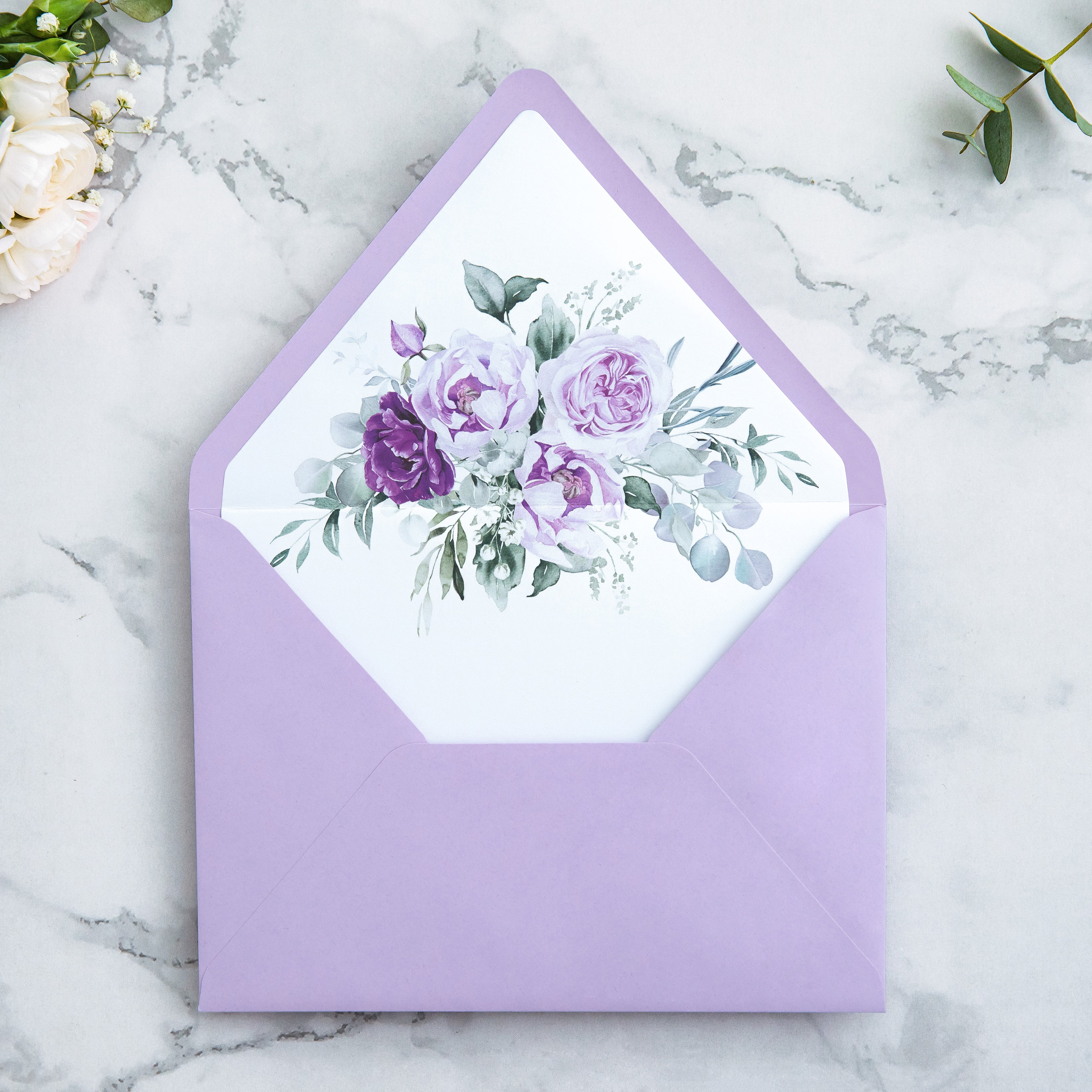 PONATIA 50 Pieces Shiny Lilac Floral Liner Euro Flap Envelopes for  Wedding Invitation Card