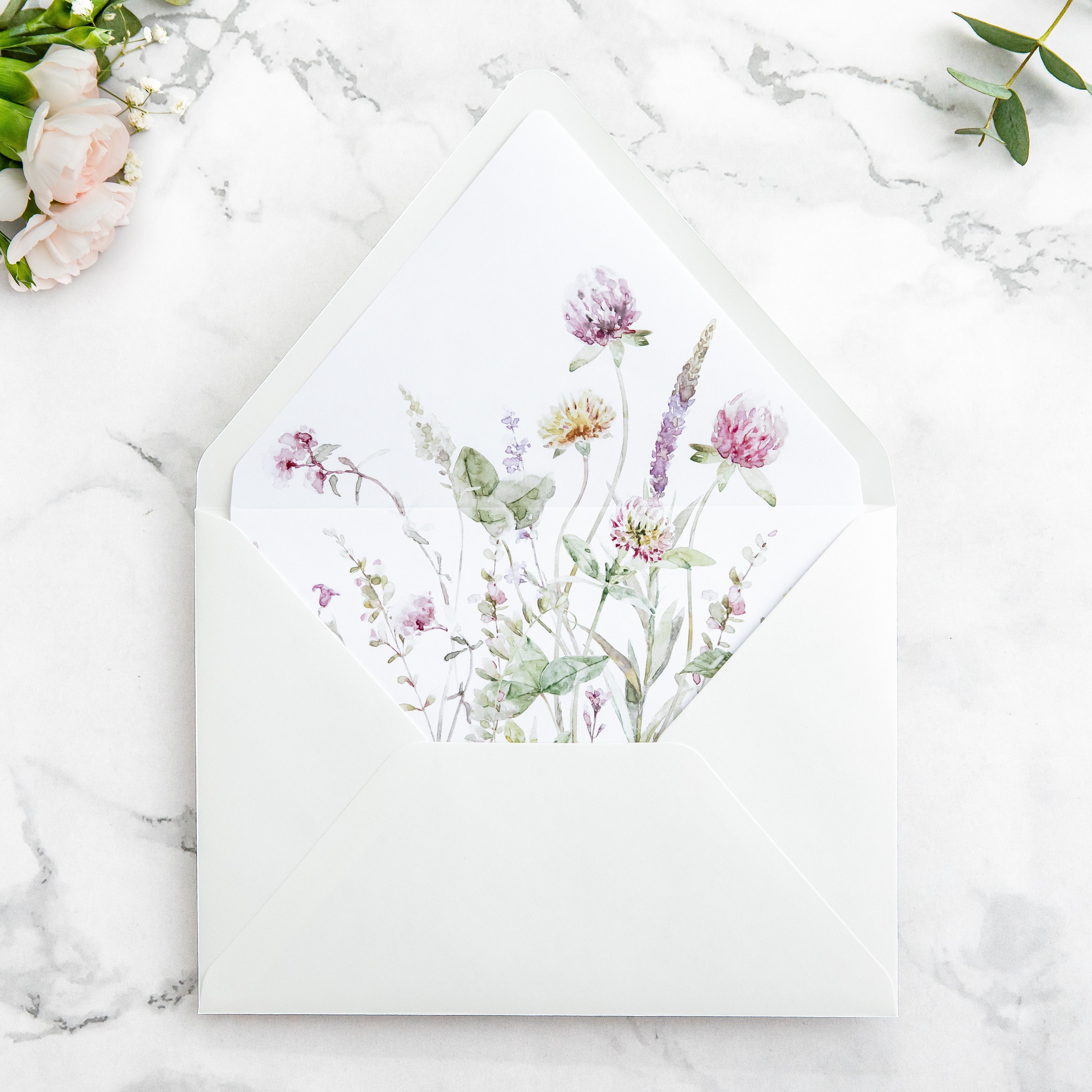 PONATIA 50 Pieces Ivory & Wild Flower Liner Euro Flap Envelopes for  Wedding Invitation Card