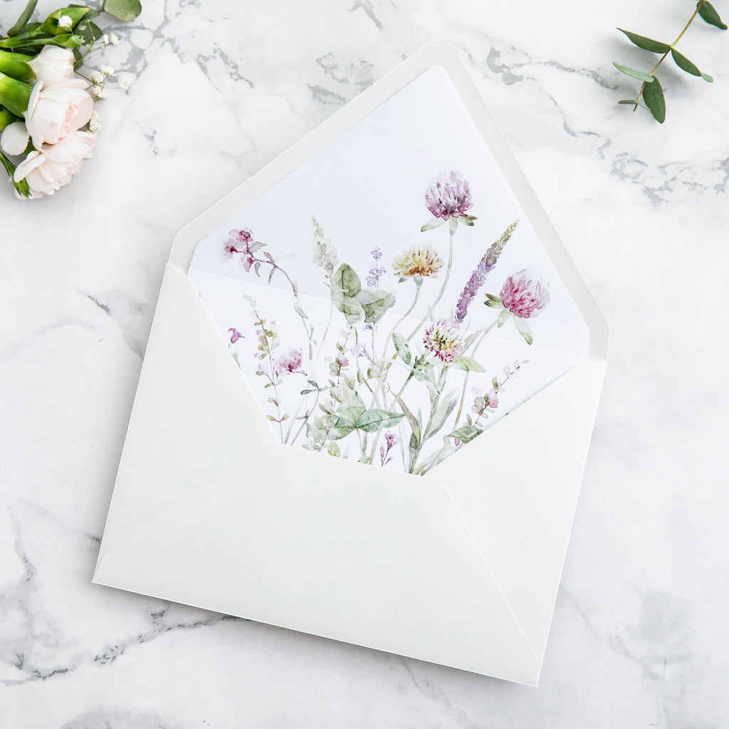 PONATIA 50 Pieces Ivory & Wild Flower Liner Euro Flap Envelopes for  Wedding Invitation Card