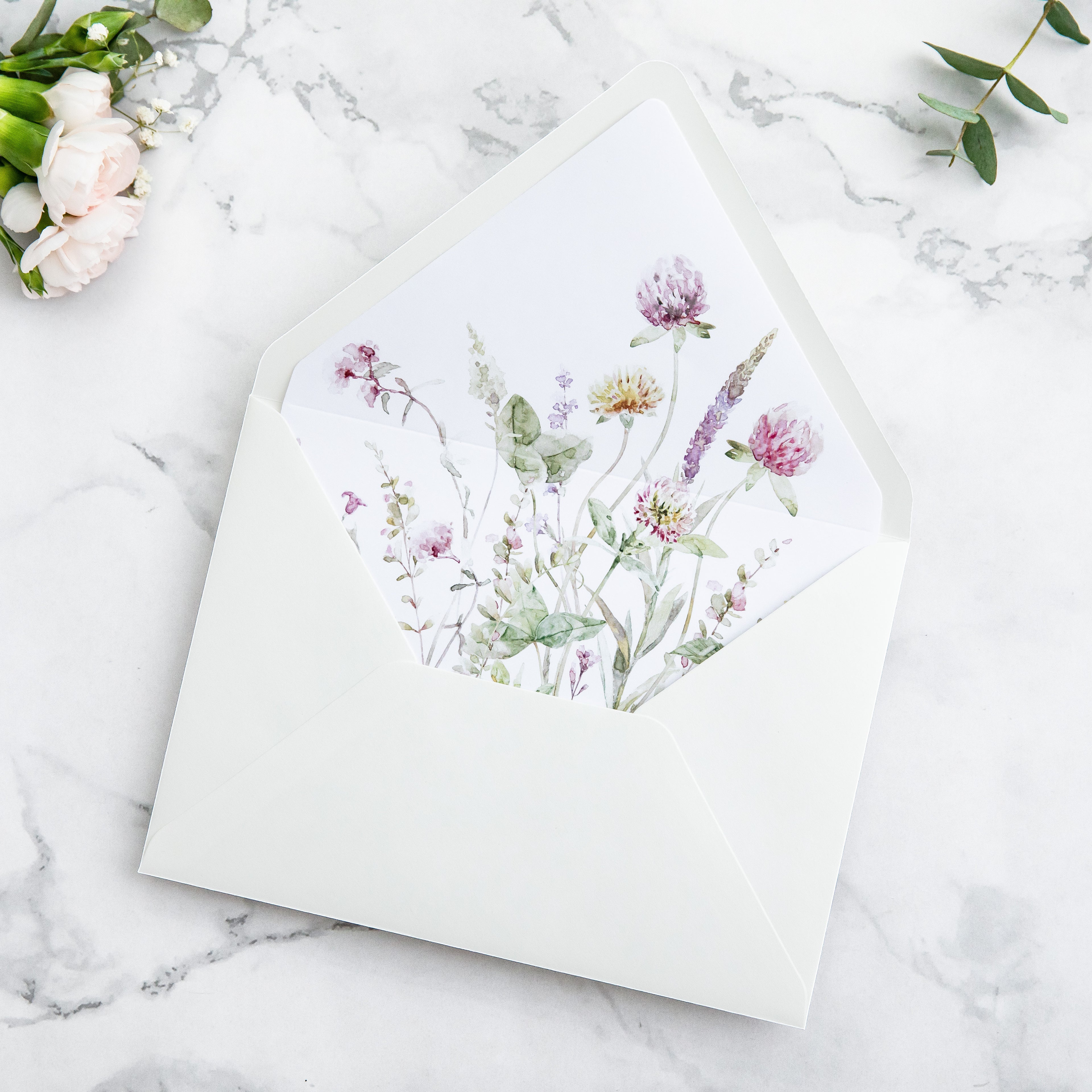 PONATIA 50 Pieces Ivory & Wild Flower Liner Euro Flap Envelopes for  Wedding Invitation Card