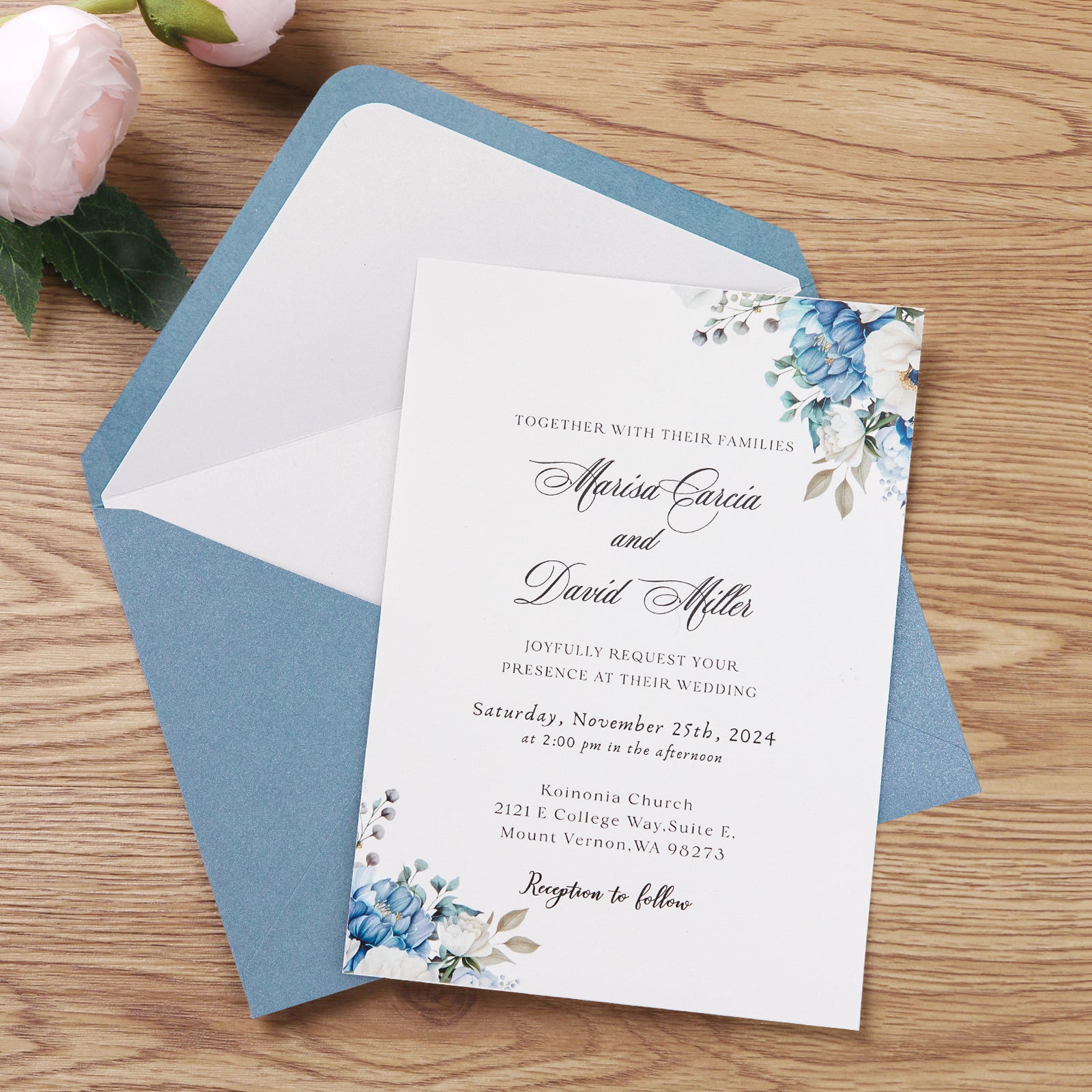 PONATIA 50 Pcs A7 Dusty Blue Matte & White Sparkle Liner Envelopes for 5x7 Weddings Invitation Cards