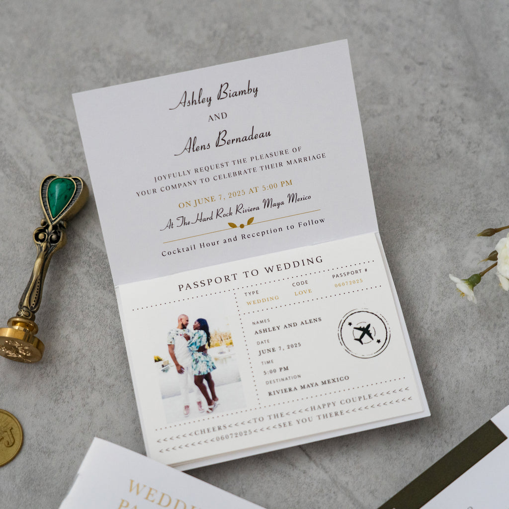 PONATIA White Wedding Passport Invite in Pocket &amp; Mirror Tag Passport Invitation Suite