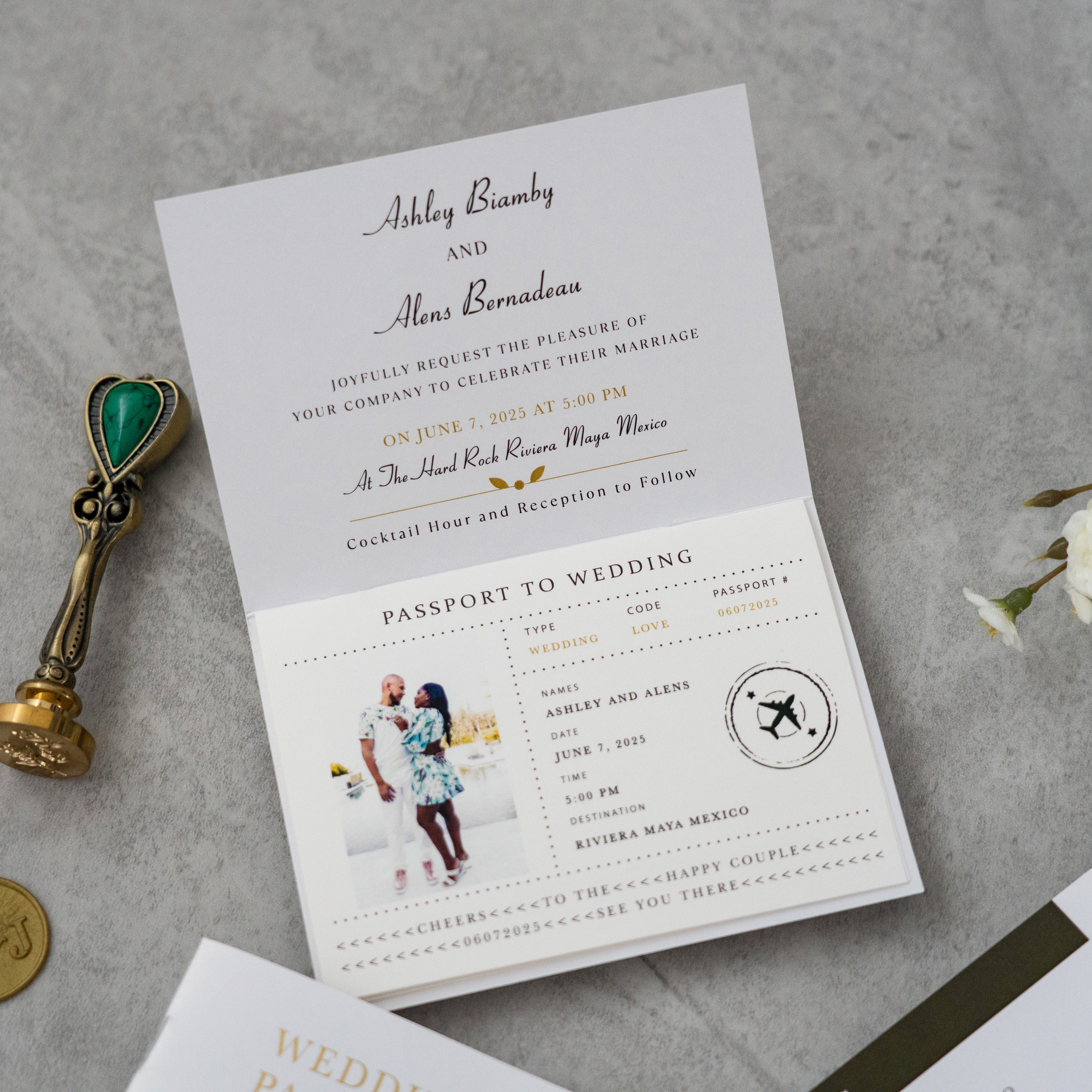 PONATIA White Wedding Passport Invite in Pocket &amp; Mirror Tag Passport Invitation Suite