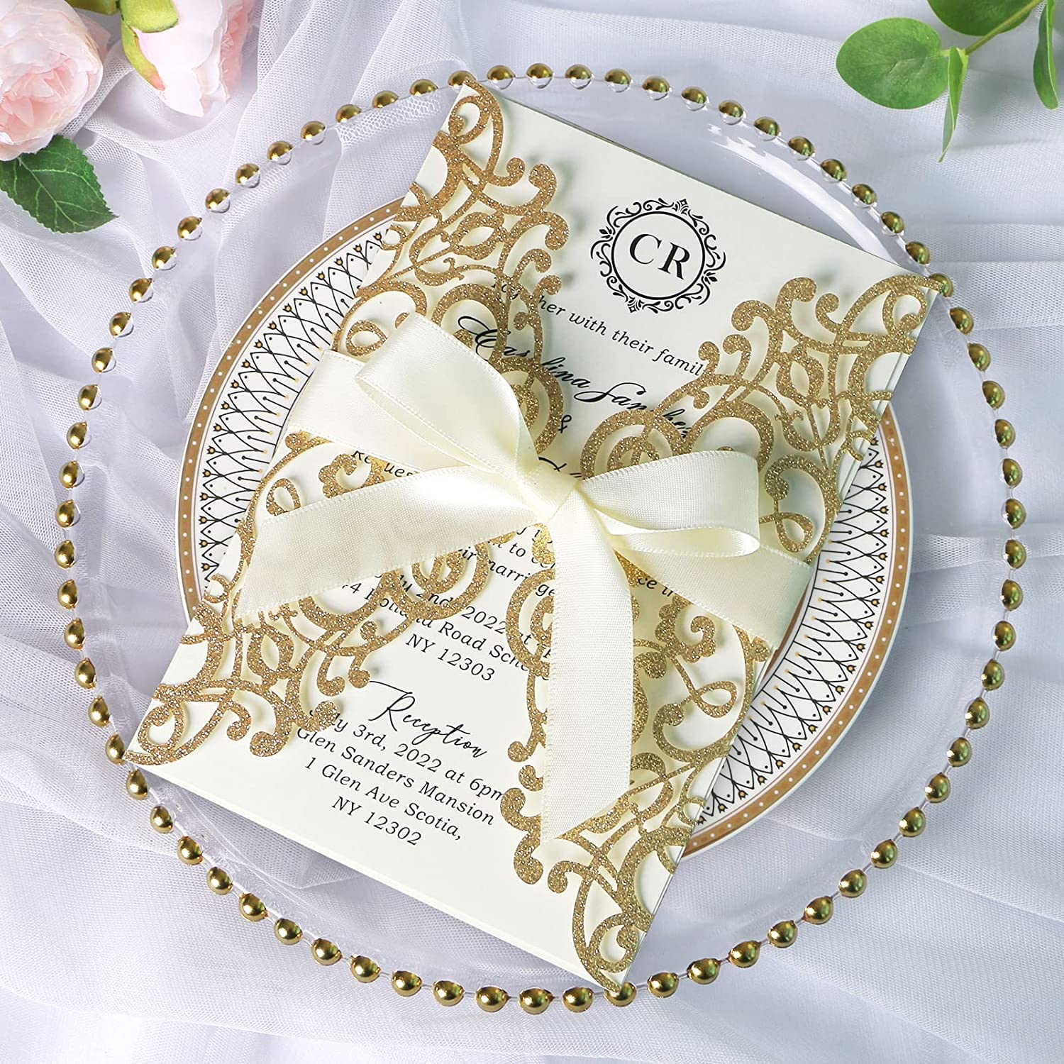 PONATIA Gold Glitter Laser Cut Wedding Invitations Cards with Ivory Bow-knot