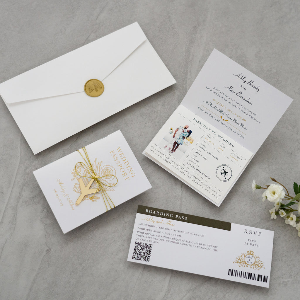 PONATIA White Wedding Passport Invite in Pocket &amp; Mirror Tag Passport Invitation Suite