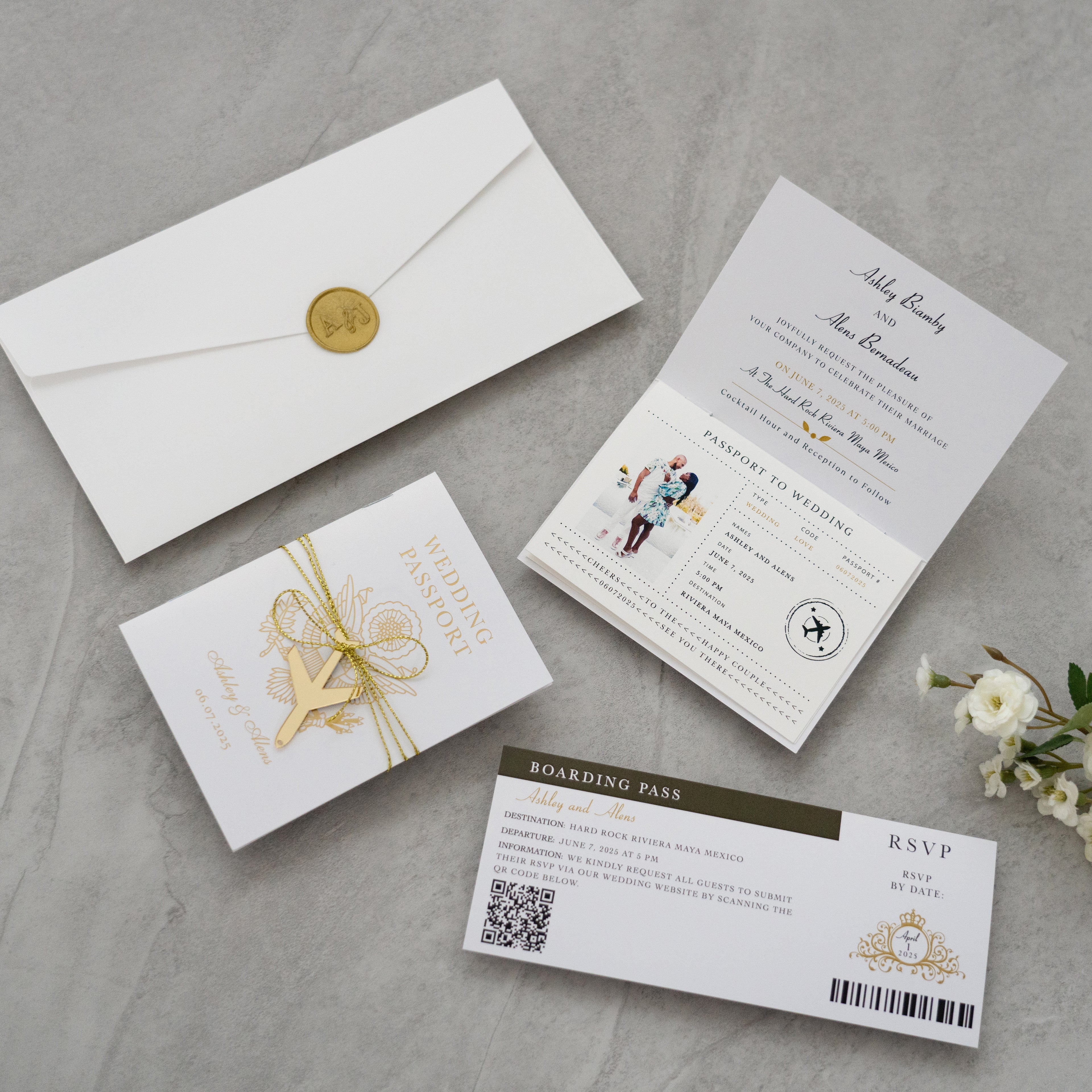 PONATIA White Wedding Passport Invite in Pocket &amp; Mirror Tag Passport Invitation Suite
