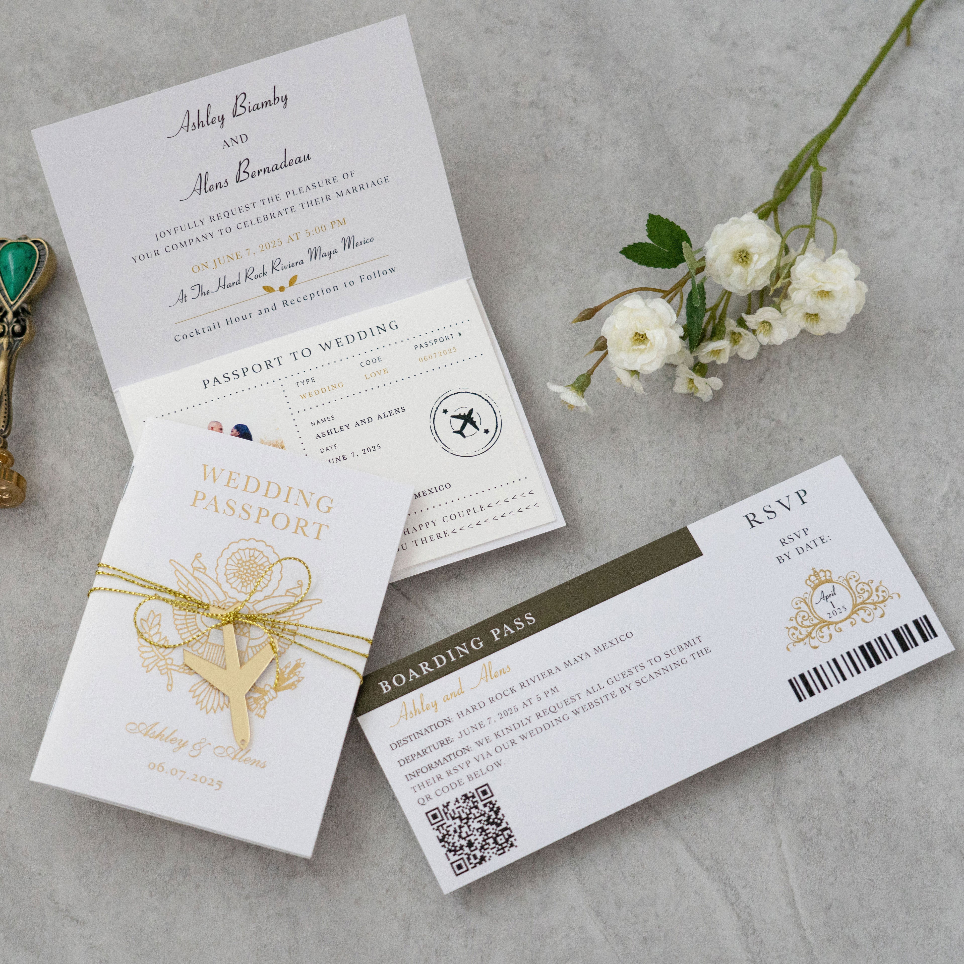 PONATIA White Wedding Passport Invite in Pocket &amp; Mirror Tag Passport Invitation Suite