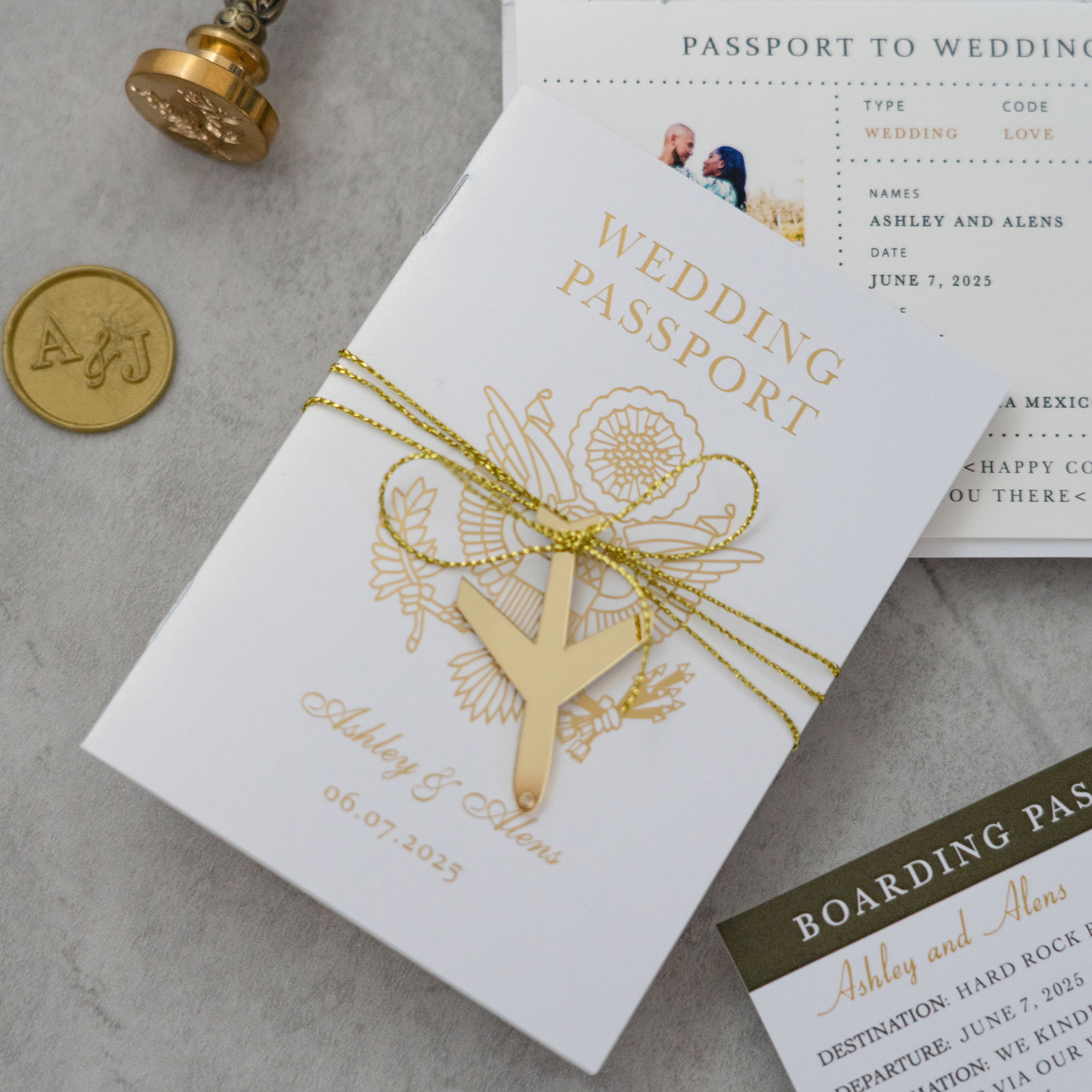 PONATIA White Wedding Passport Invite in Pocket &amp; Mirror Tag Passport Invitation Suite