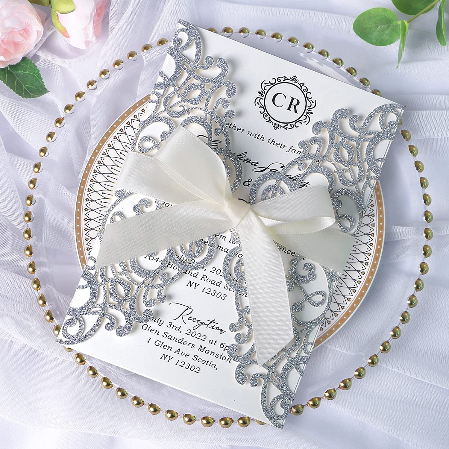 PONATIA Sliver Glitter Laser Cut Wedding Invitations Cards with Ivory Bow-knot