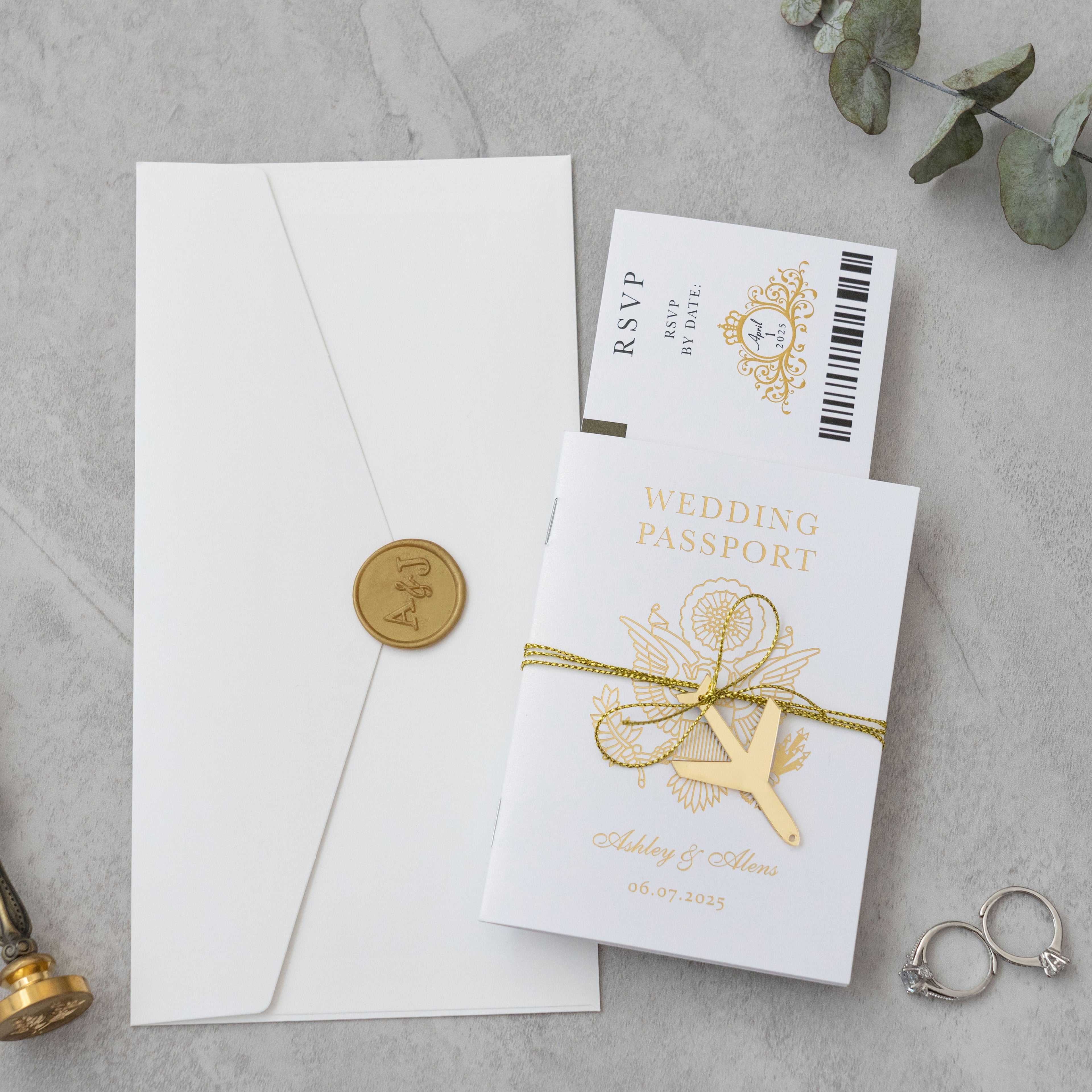 PONATIA White Wedding Passport Invite in Pocket &amp; Mirror Tag Passport Invitation Suite