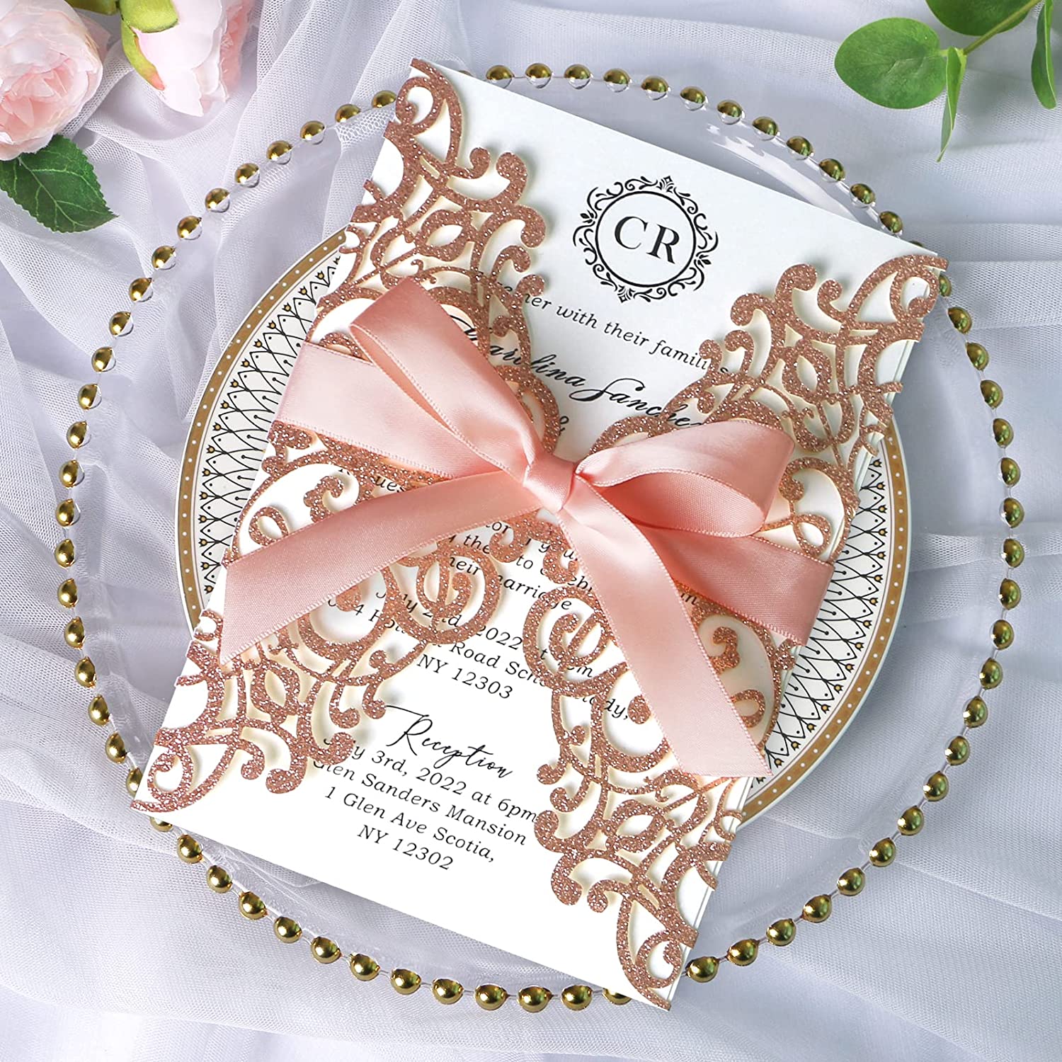 PONATIA Rose Glitter Laser Cut Wedding Invitations Cards with Blush Pink Bow-knot