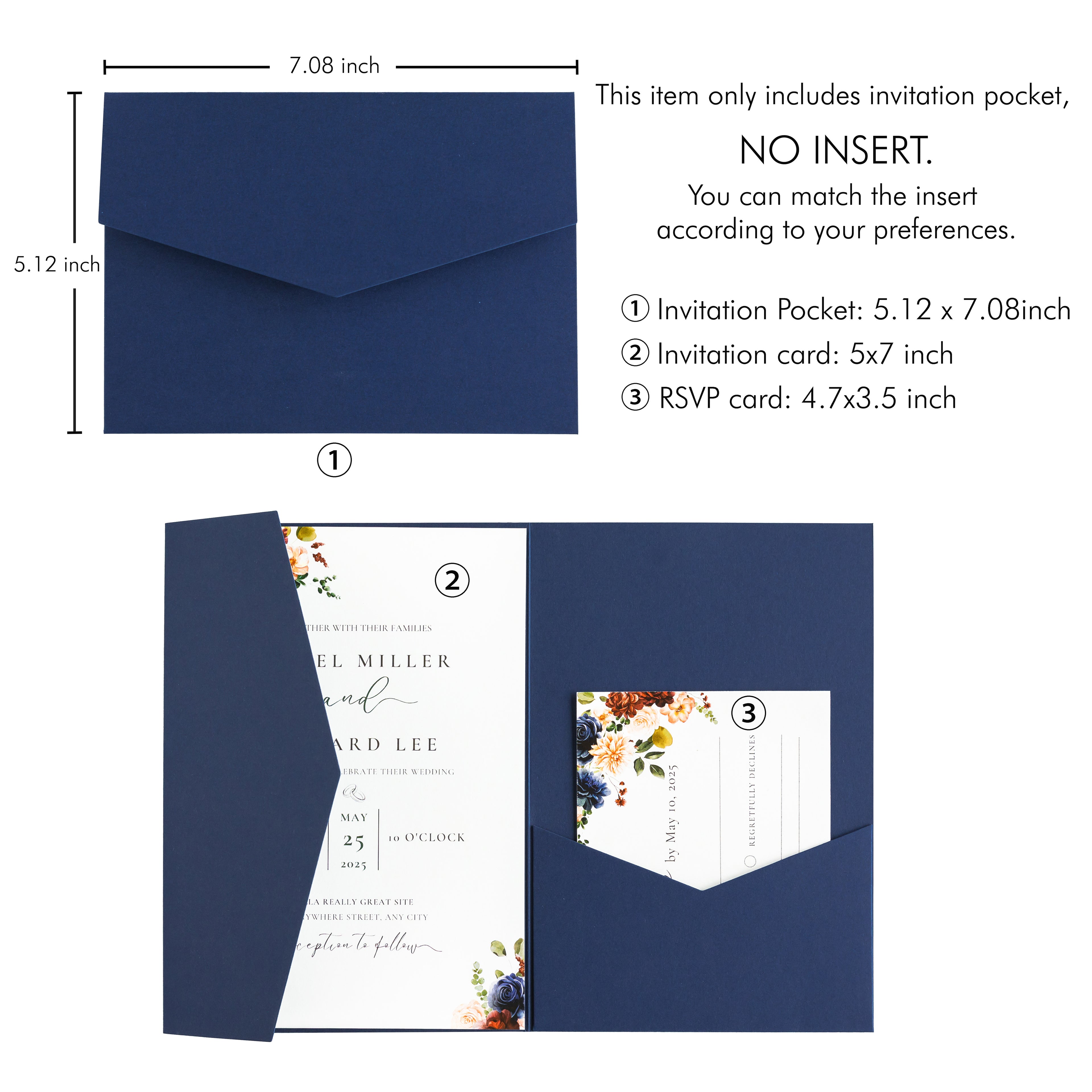 PONATIA 20 PCS Navy Blue Tri-fold Wedding Invitation Pockets for 5x7 Wedding Cards