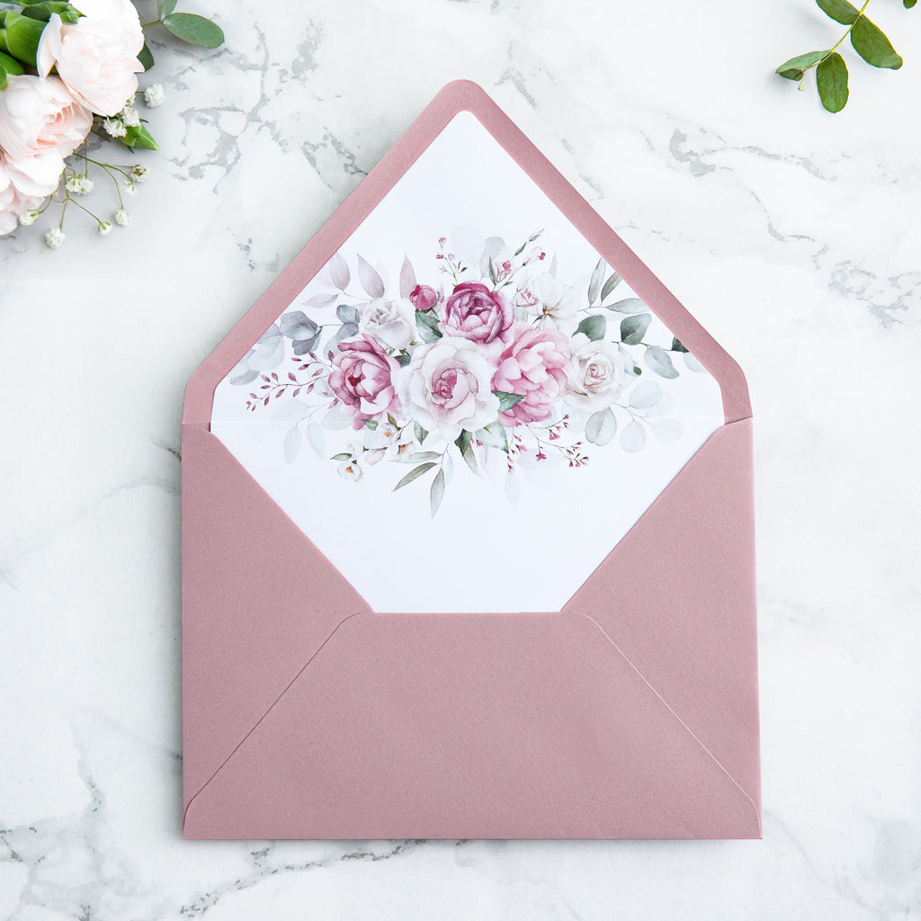 PONATIA 50 Pieces Dusty Rose Floral Liner Euro Flap Envelopes for  Wedding Invitation Card