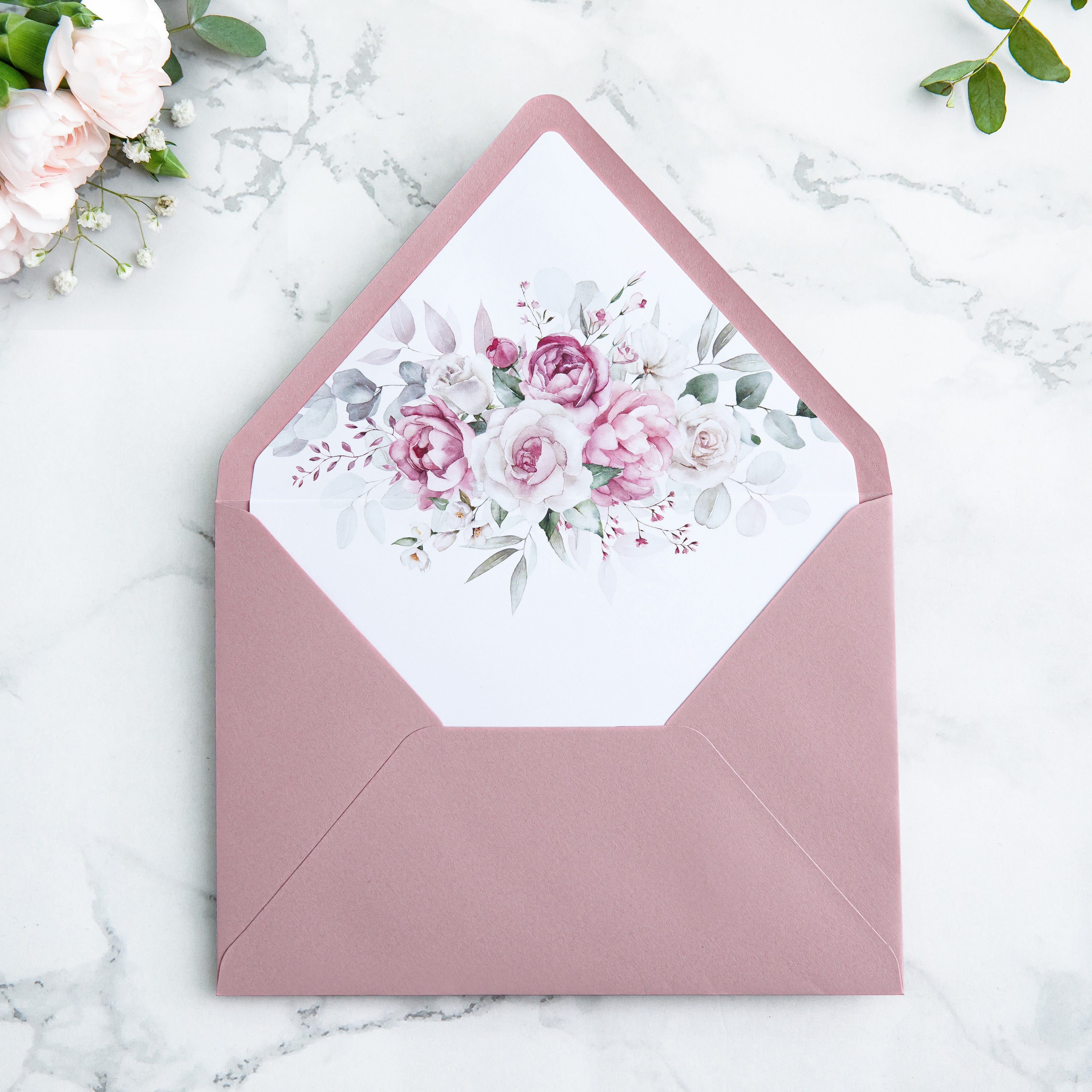 PONATIA 50 Pieces Dusty Rose Floral Liner Euro Flap Envelopes for  Wedding Invitation Card