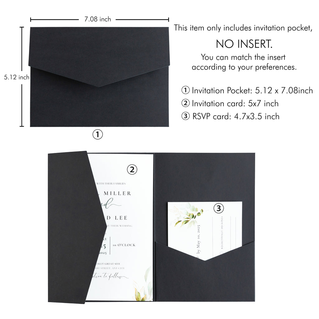 PONATIA 20 PCS Black Tri-fold Wedding Invitation Pockets for 5x7 Wedding Cards
