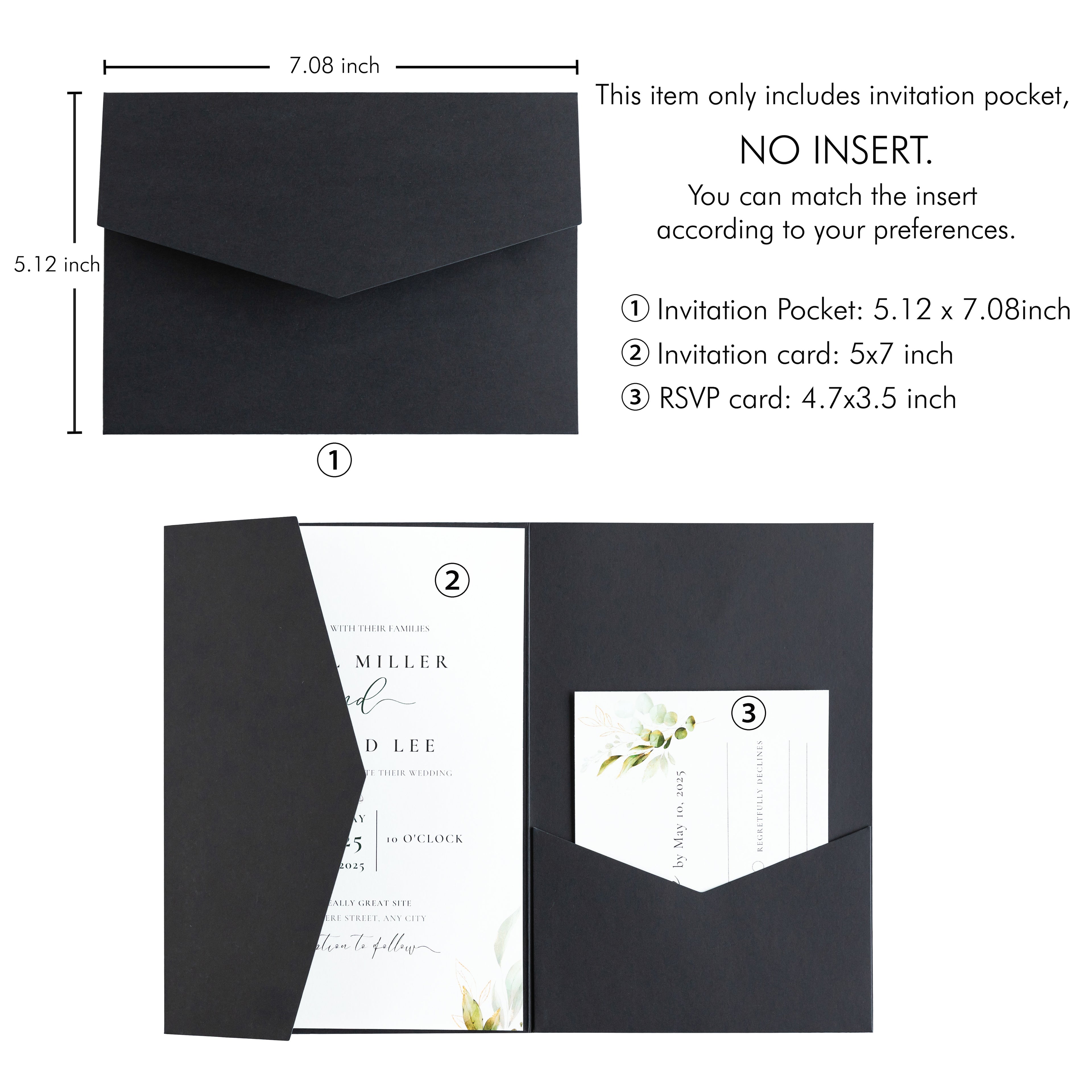 PONATIA 20 PCS Black Tri-fold Wedding Invitation Pockets for 5x7 Wedding Cards