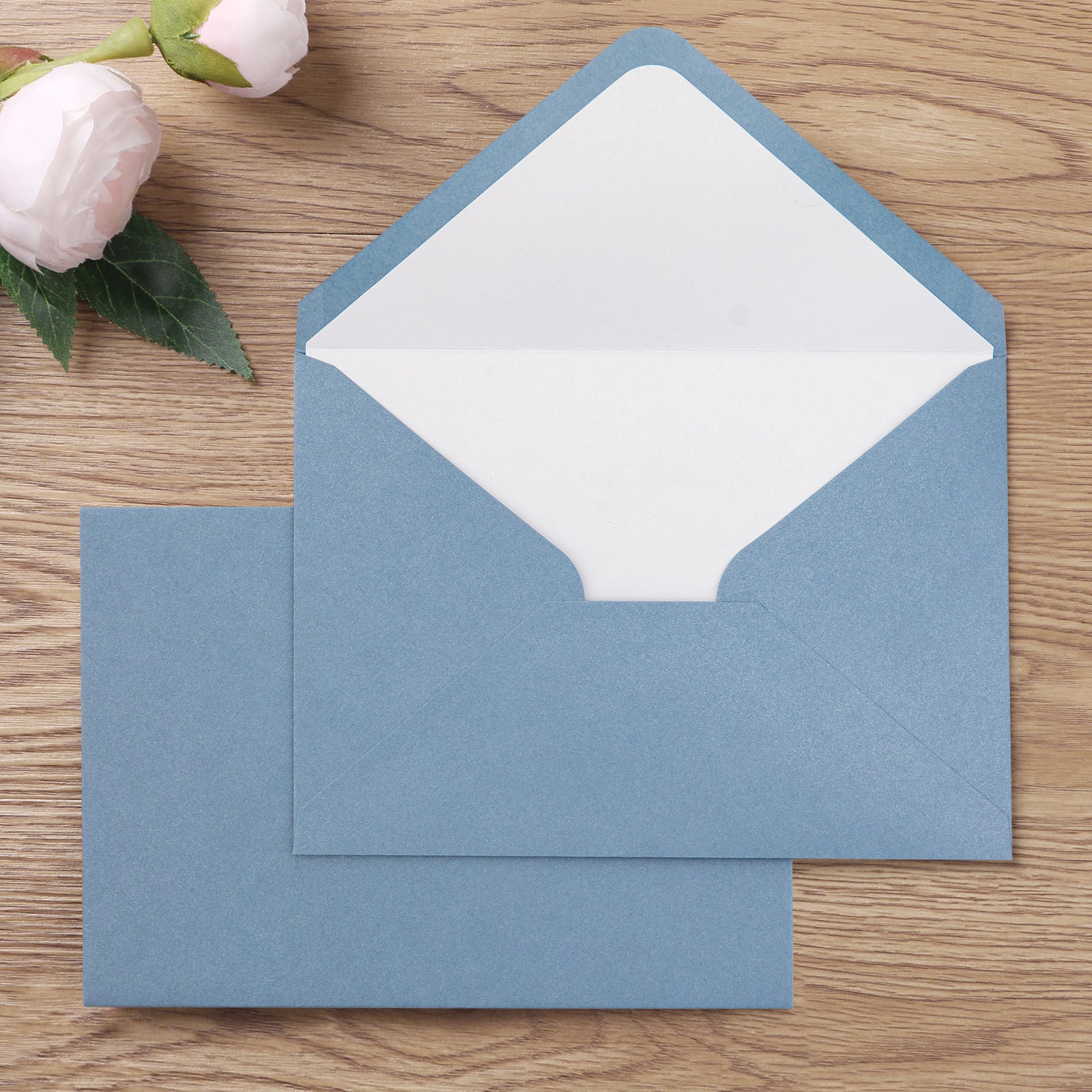 PONATIA 50 Pcs A7 Dusty Blue Matte & White Sparkle Liner Envelopes for 5x7 Weddings Invitation Cards