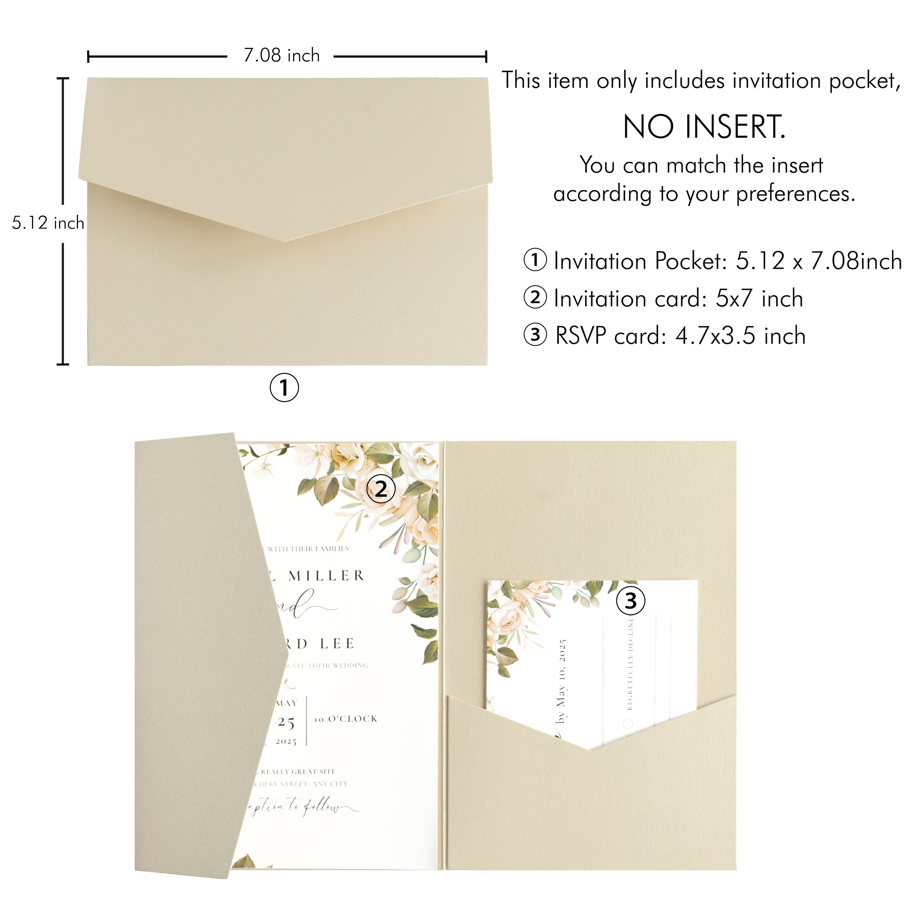 PONATIA 20 PCS Champagne Tri-fold Wedding Invitation Pockets for 5x7 Wedding Cards