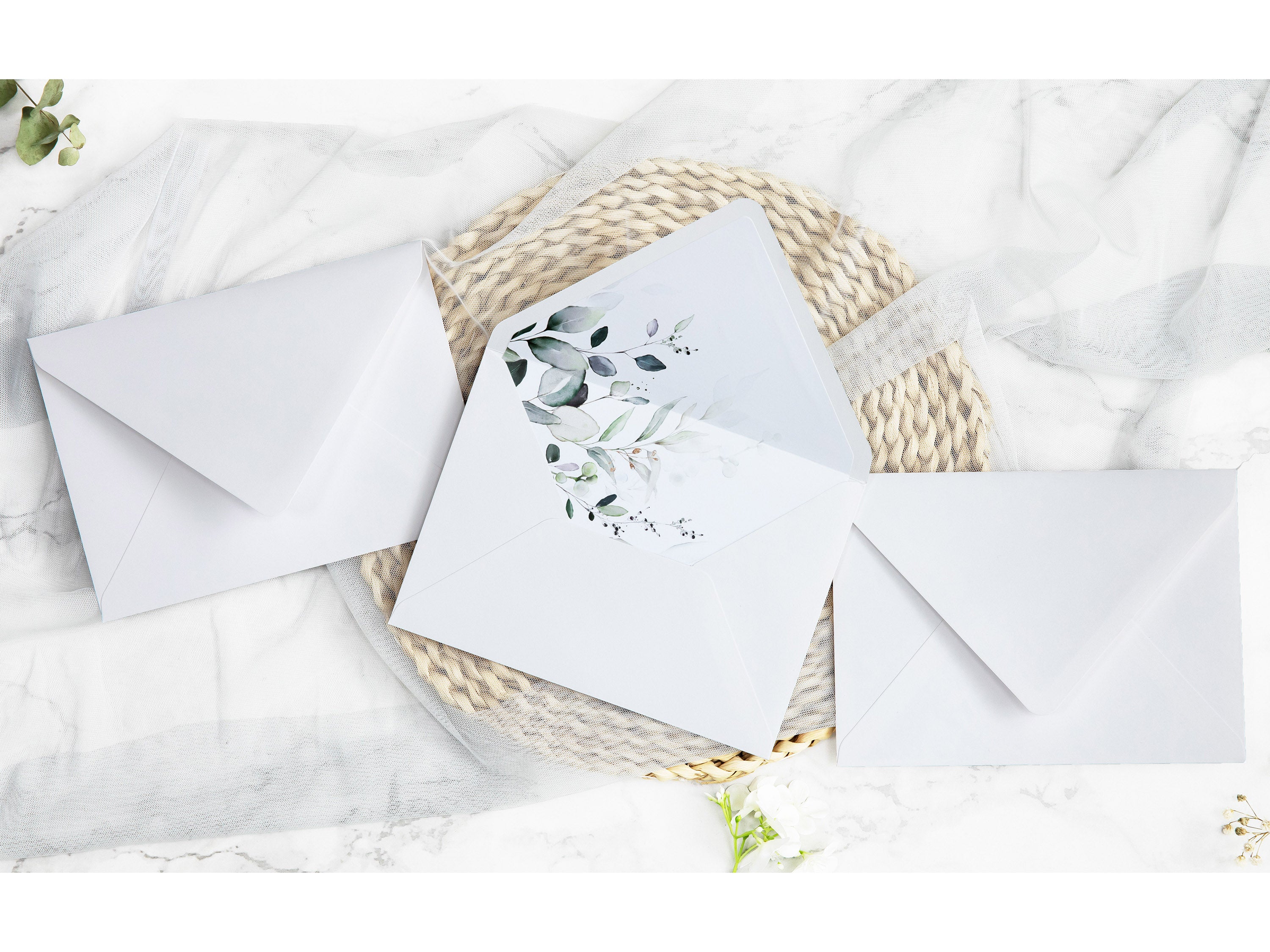 PONATIA 50 Pieces White & Green Leaves Liner Euro Flap Envelopes for  Wedding Invitation Card
