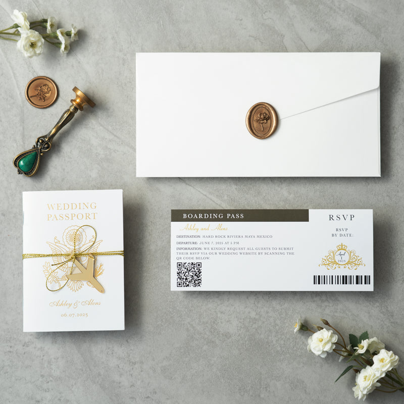PONATIA White Wedding Passport Invite in Pocket &amp; Mirror Tag Passport Invitation Suite