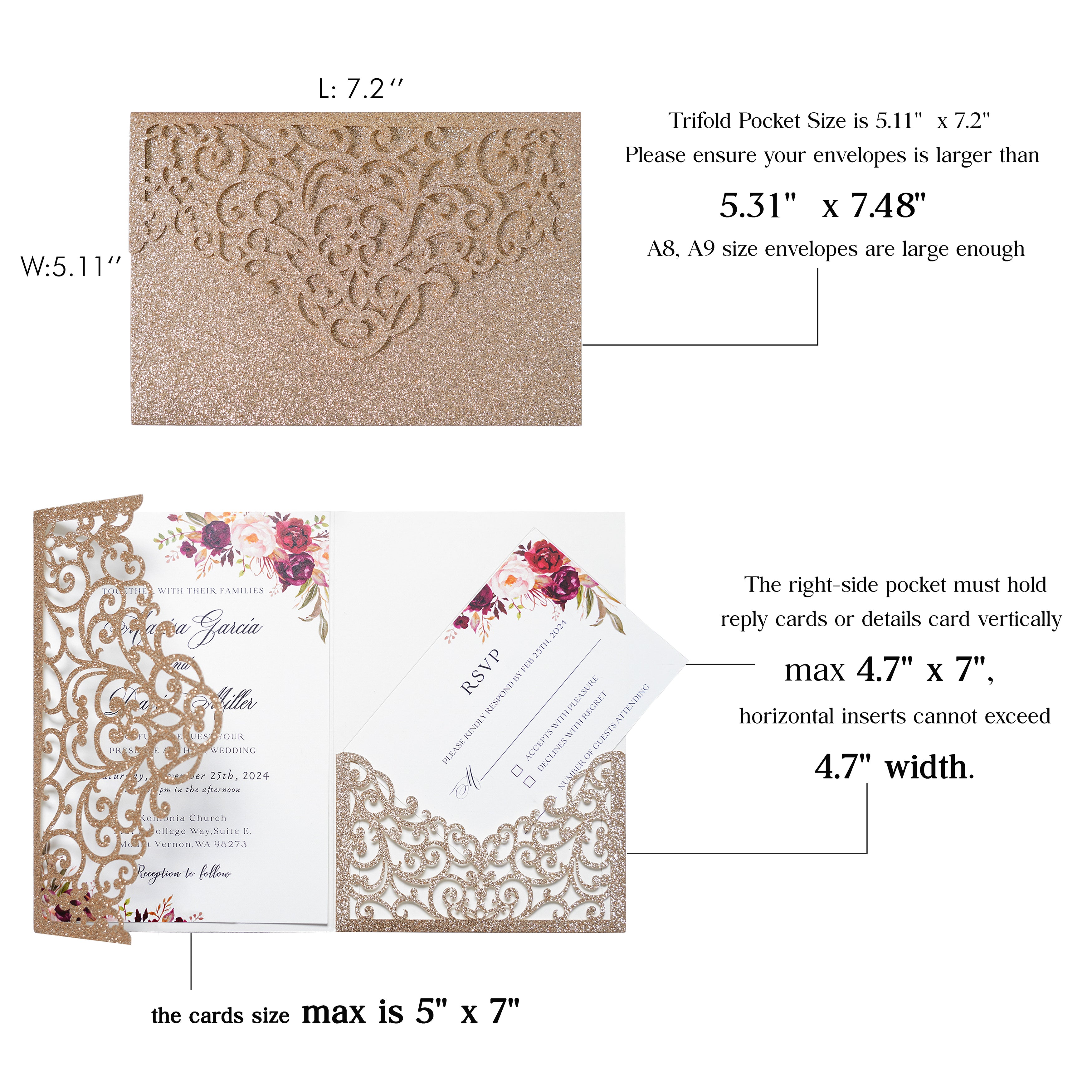 PONATIA  20PCS Gold Glitter Laser Cut Wedding Invitations Pockets